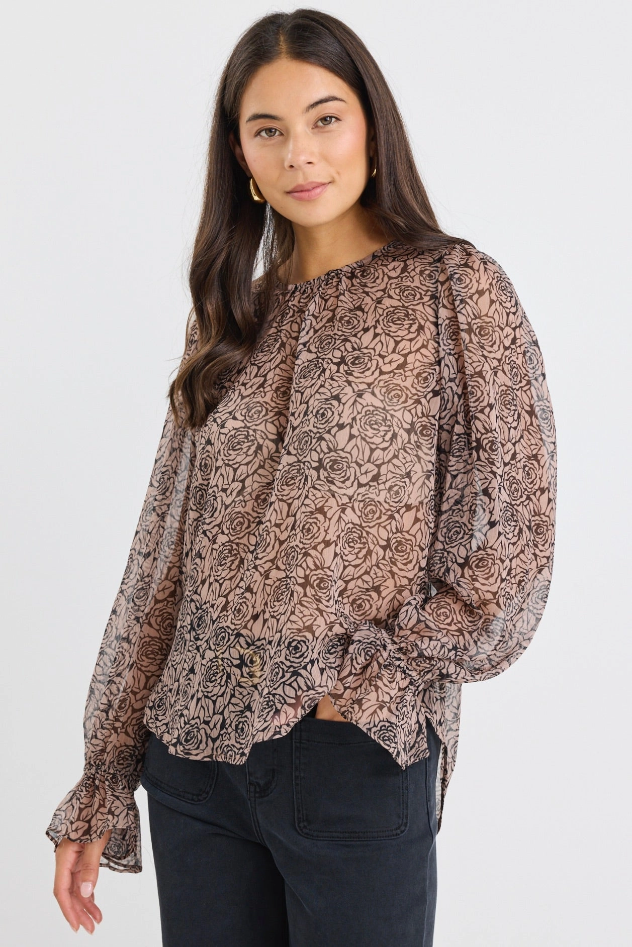 Endless Black Taupe Roses Georgette Blouson Sleeve LS Top AirflowOptimized Design
