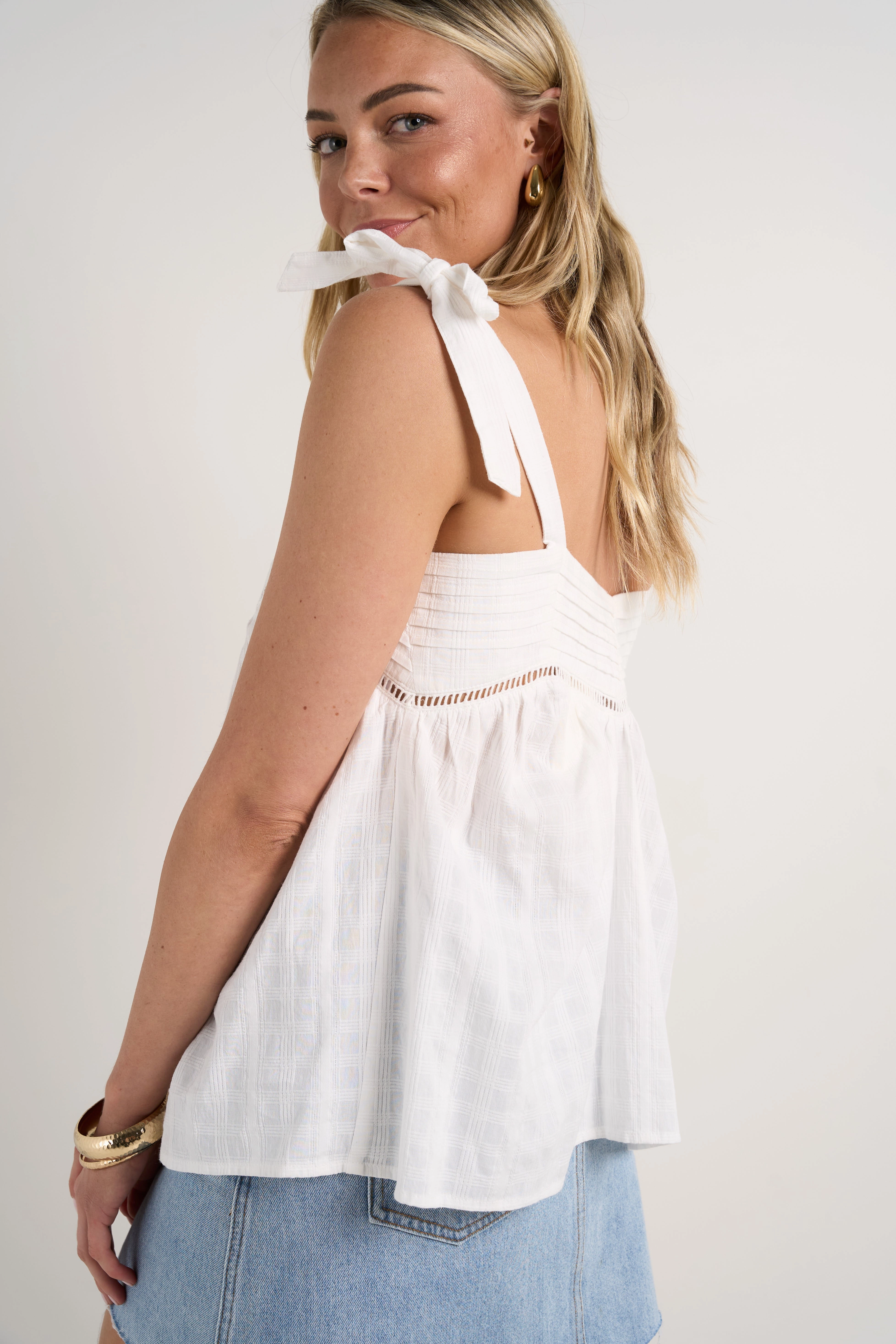 All Purpose Casual Cut Unconventional White Self Check Cotton Tie Strap Cami