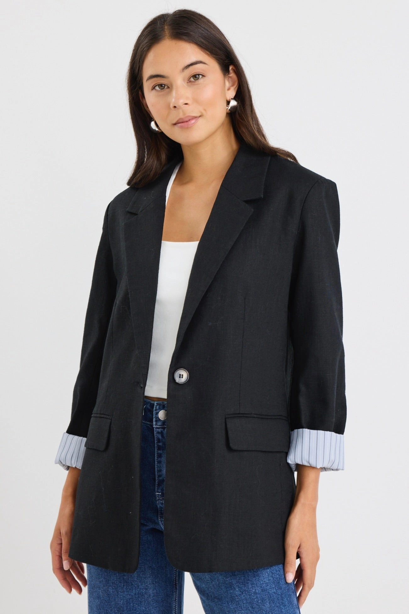 Soft Stretch Collar Dock Black Ramie Rolled Sleeve Blazer