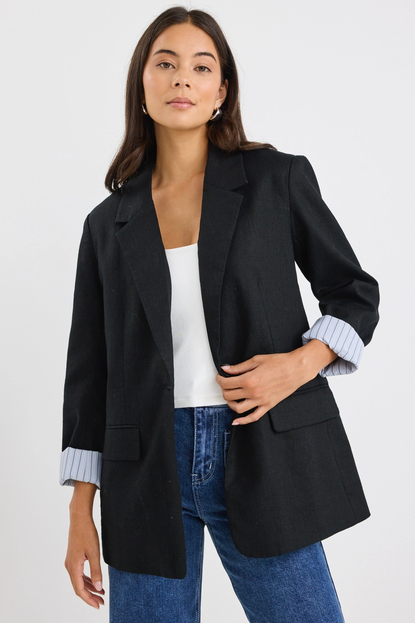 Layered Look Timeless Appeal Dock Black Ramie Rolled Sleeve Blazer