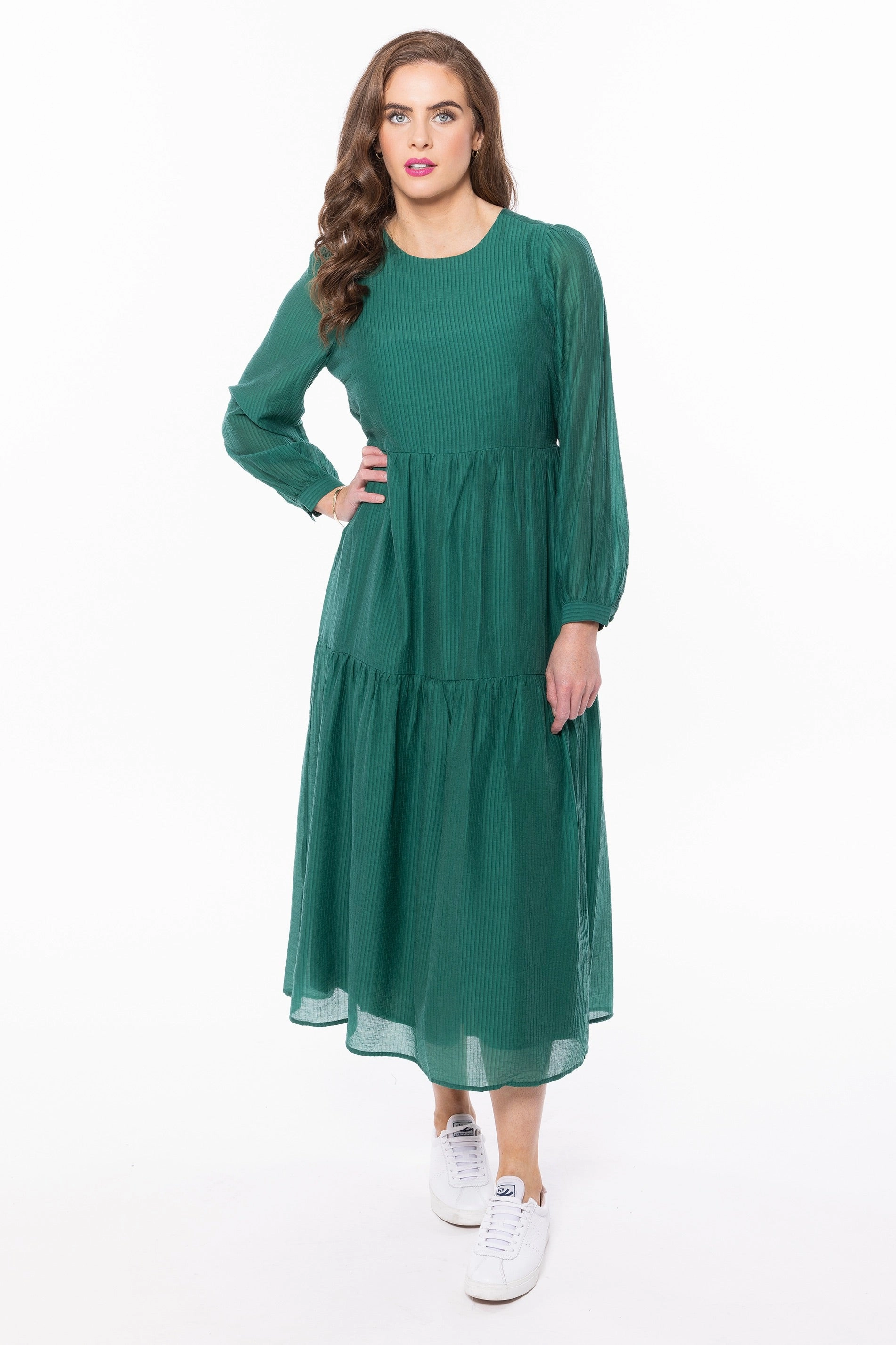 Prediction Palm Green LS Tiered Midi Dress Noble Aura All-day Comfort
