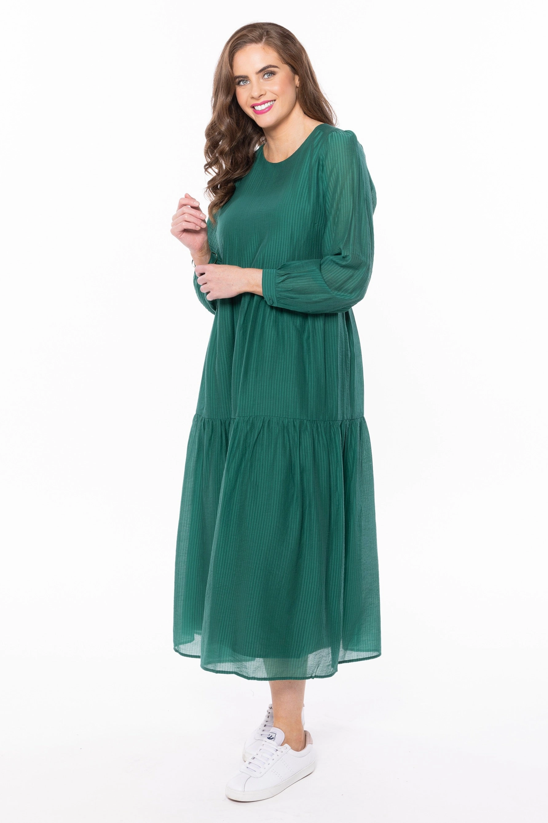 Prediction Palm Green LS Tiered Midi Dress Quick Elegance Artistic Edge