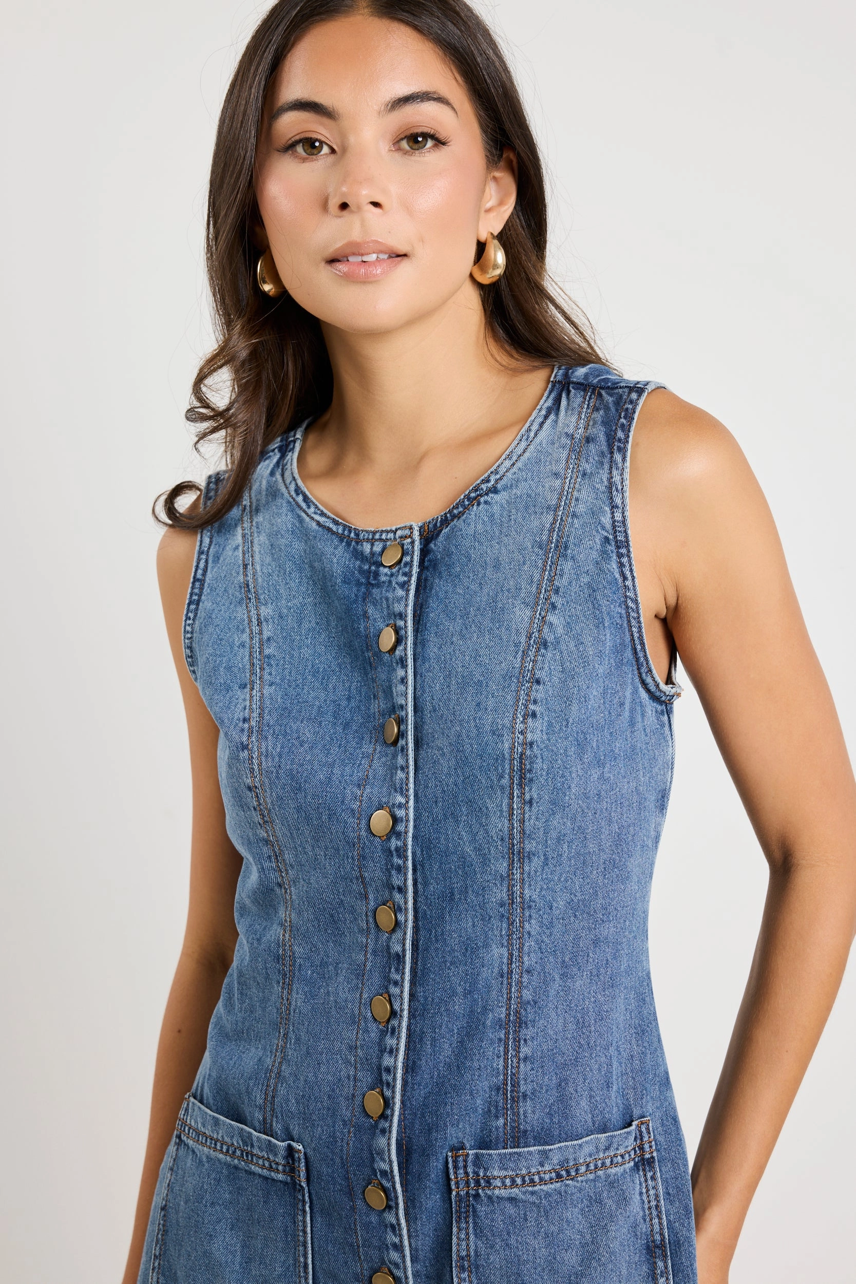 Sweat Resistant Fabric Non Restrictive Cuffs Avenue Mineral Blue Denim Mini Vest Dress