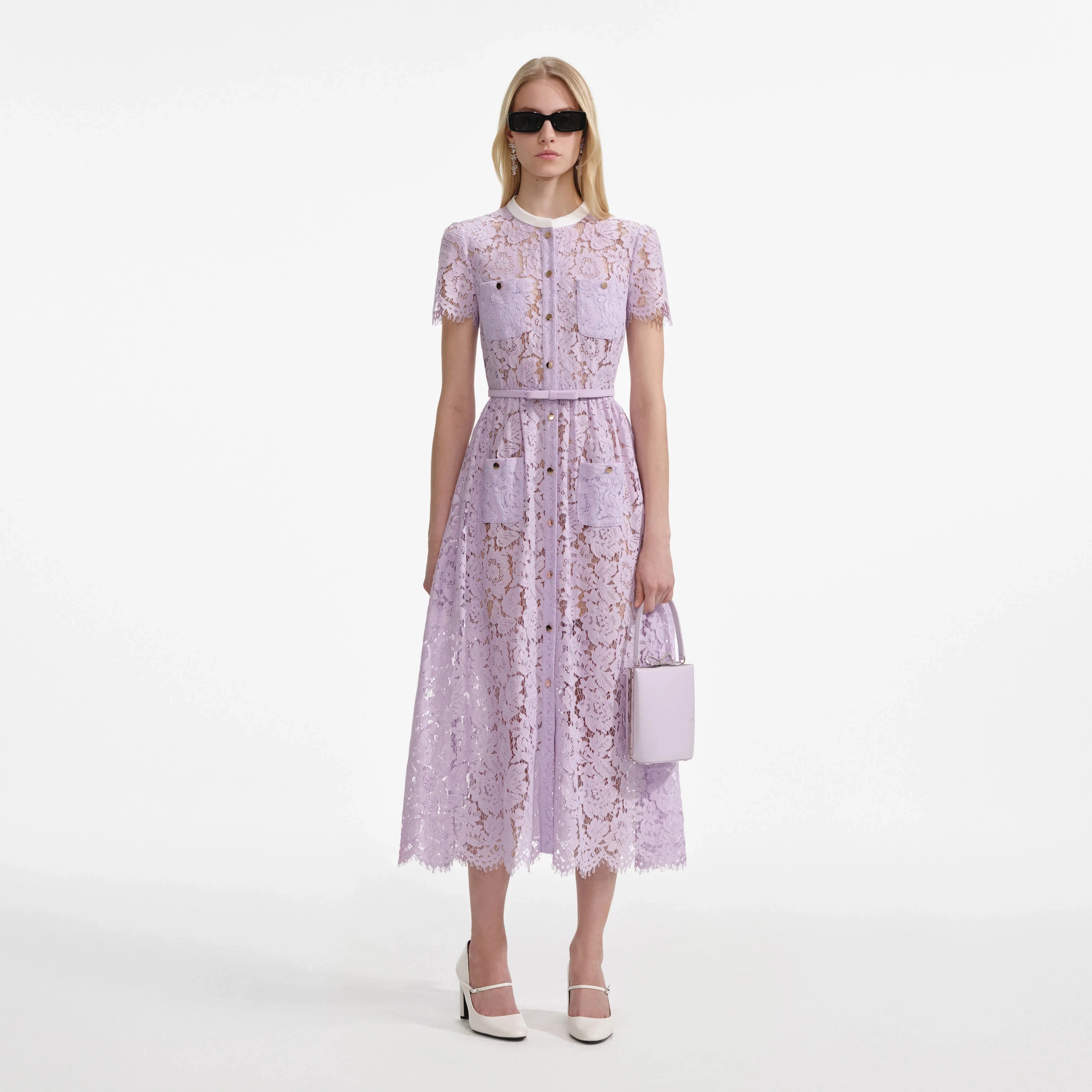 Self Portrait 006 Lace Button Front Midi Dress in Lilac Sleek Appearance Sophisticated Cut