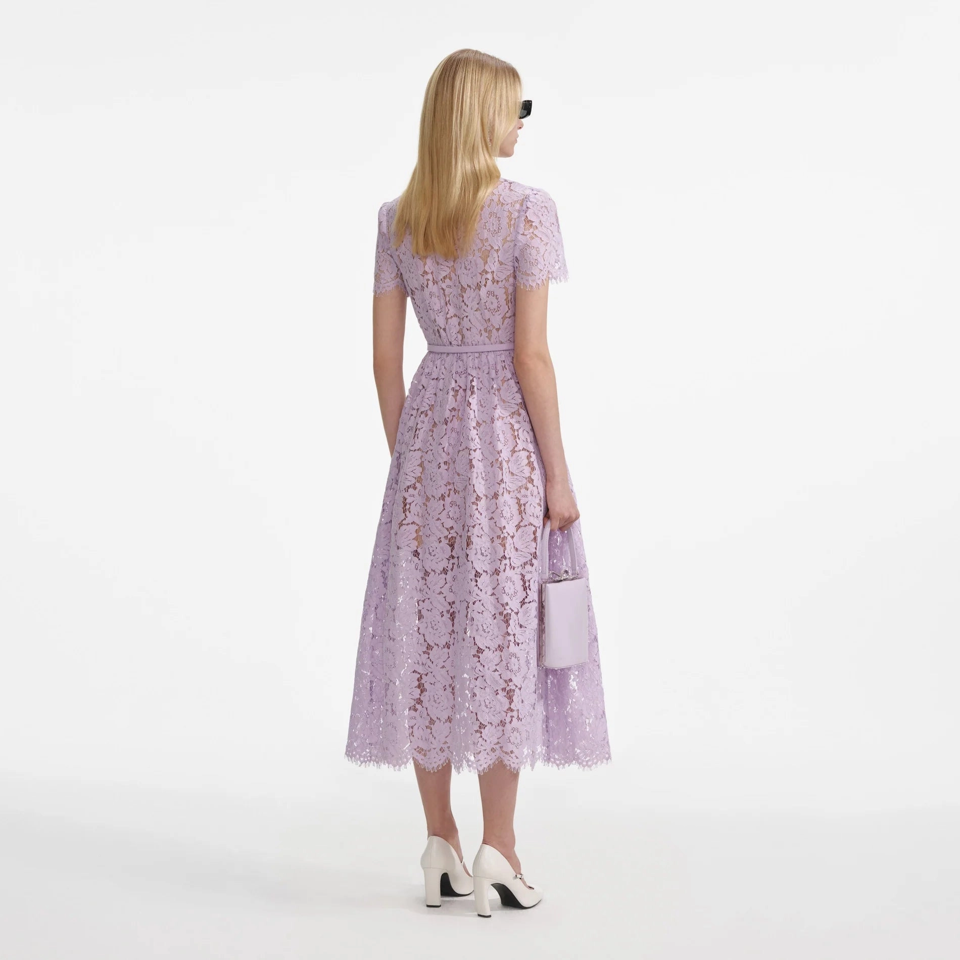 Raw-Hem Self Portrait 006 Lace Button Front Midi Dress in Lilac