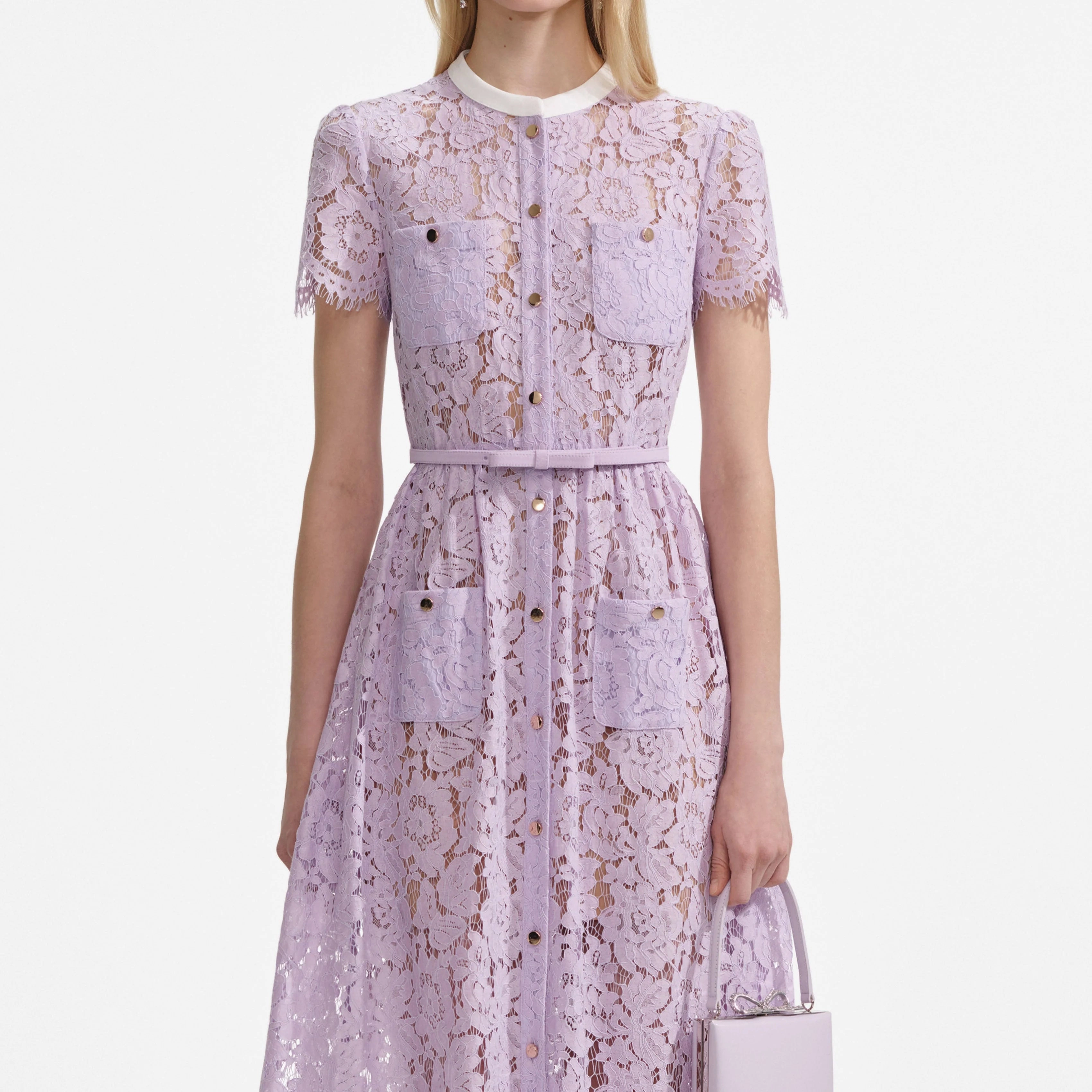Ruffle Hem Self Portrait 006 Lace Button Front Midi Dress in Lilac