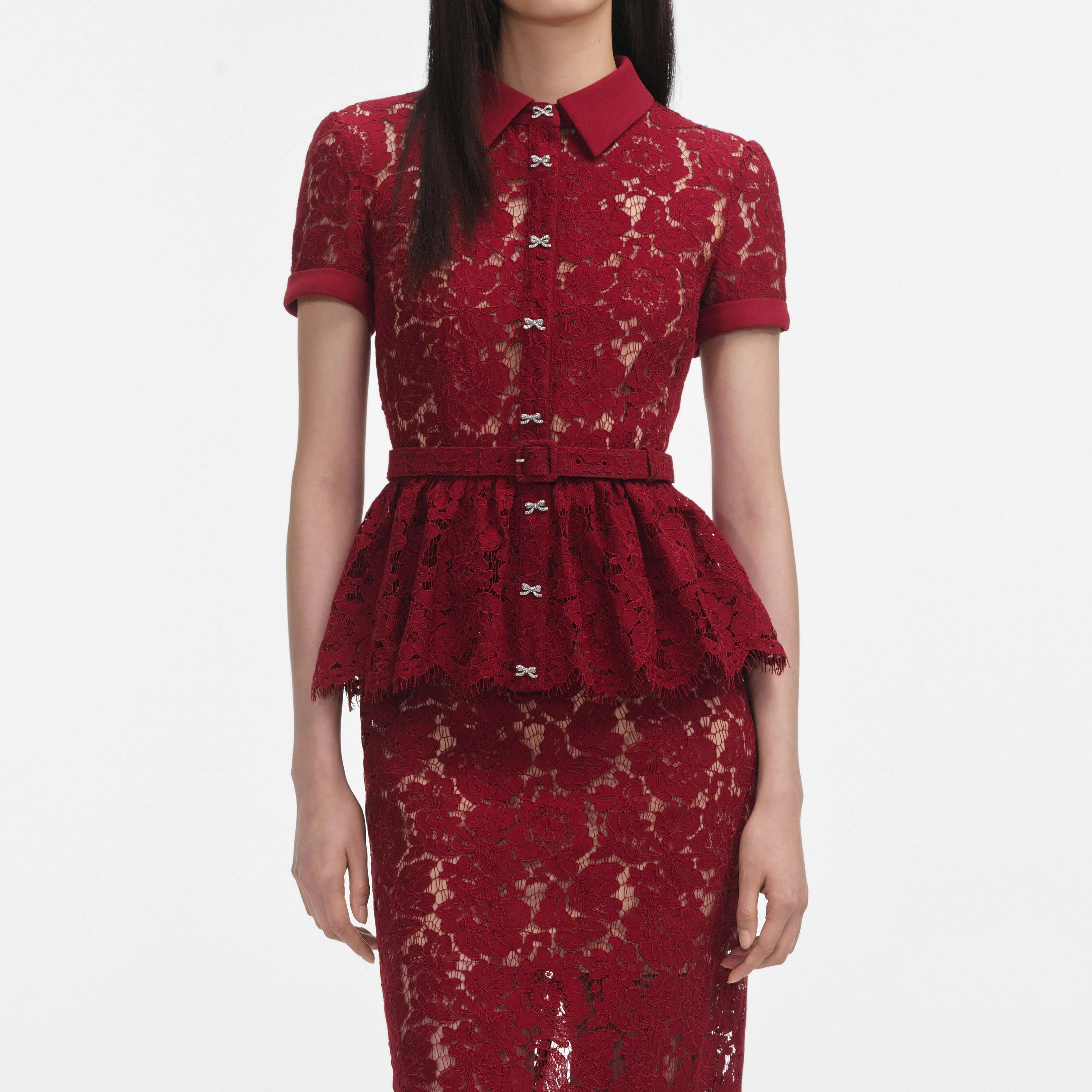 Self Portrait 006 Lace Peplum Dress Midi Dress in Burgundy Sheer Look