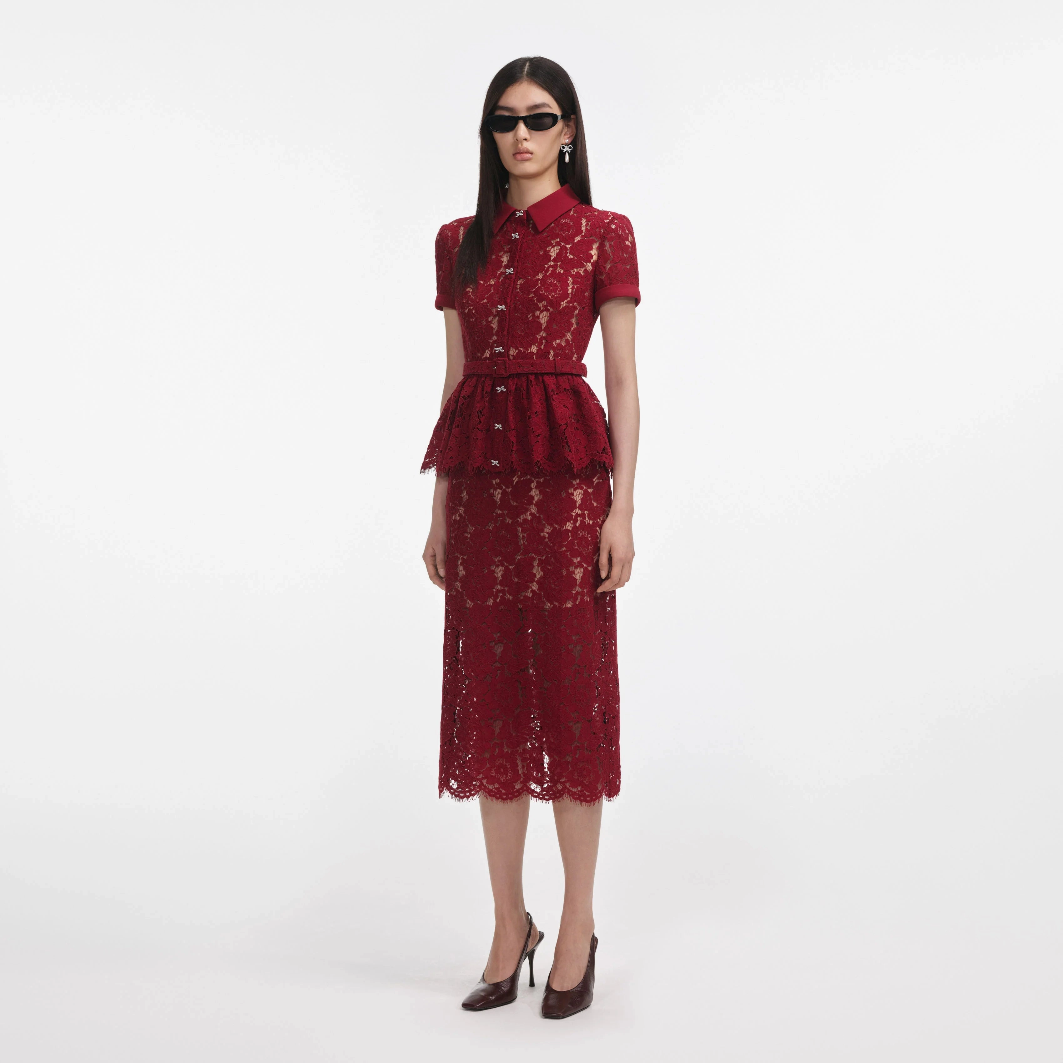 Self Portrait 006 Lace Peplum Dress Midi Dress in Burgundy Silky Drape