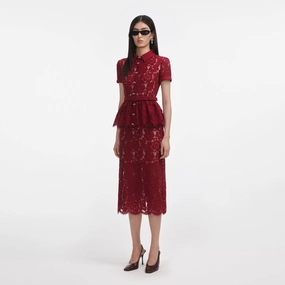 Self Portrait 006 Lace Peplum Dress Midi Dress in Burgundy Silky Drape