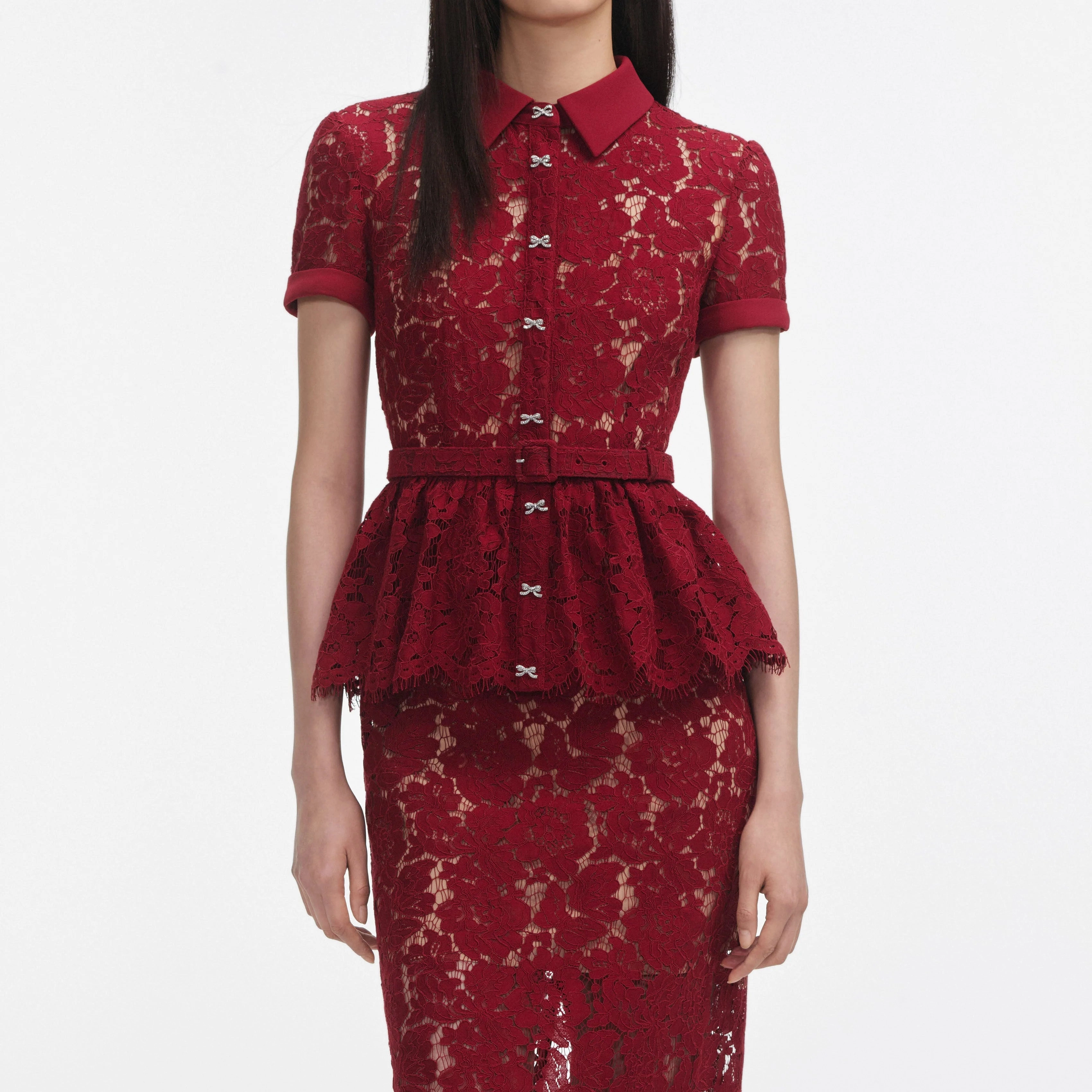 Elegant Mood Frayed-Edge Self Portrait 006 Lace Peplum Dress Midi Dress in Burgundy