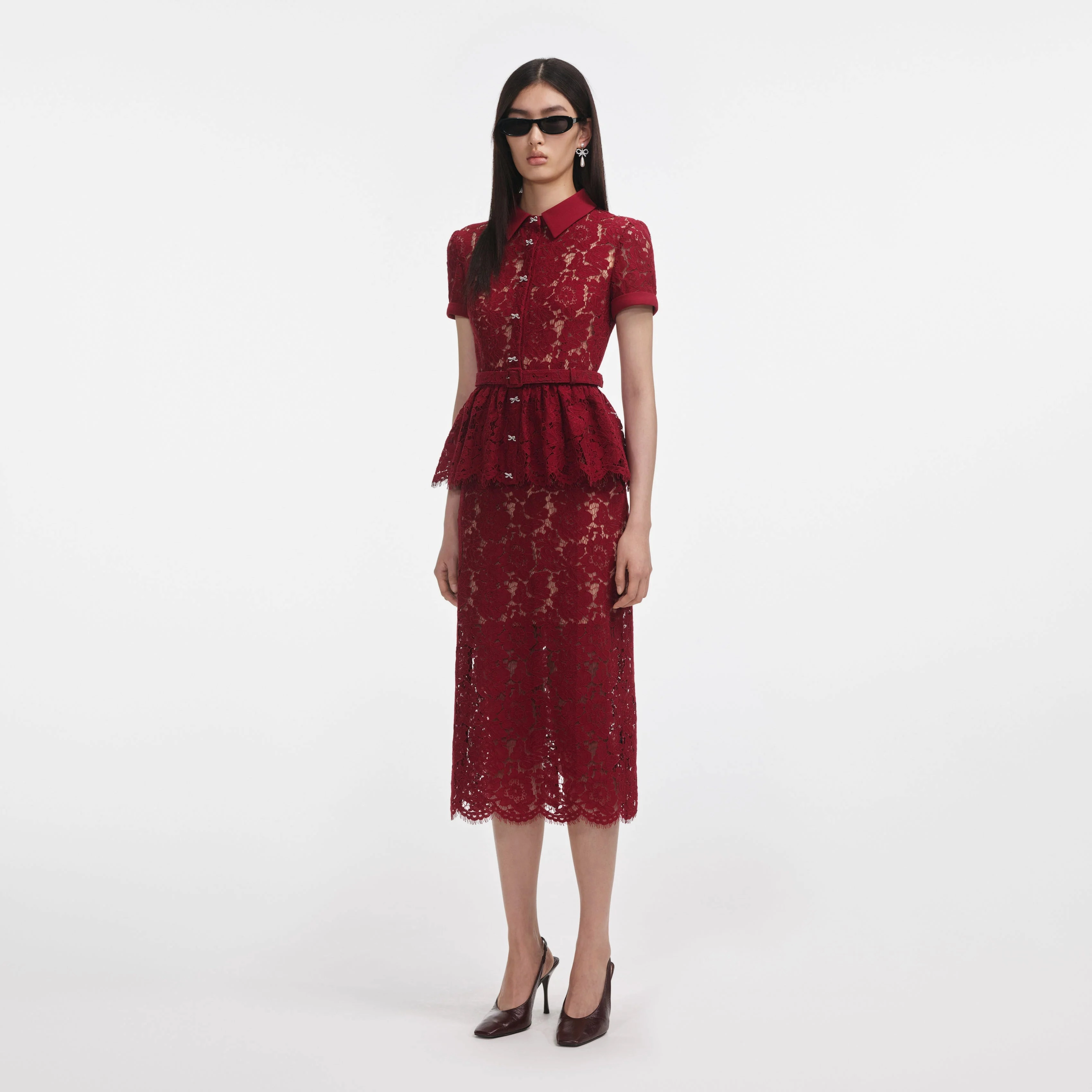 Slit Detail Self Portrait 006 Lace Peplum Dress Midi Dress in Burgundy