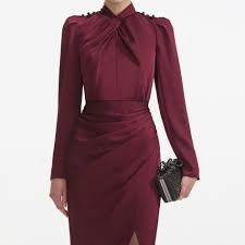 Self Portrait 911 Satin Midi Dress in Bordeaux Light Cloud Classic Look