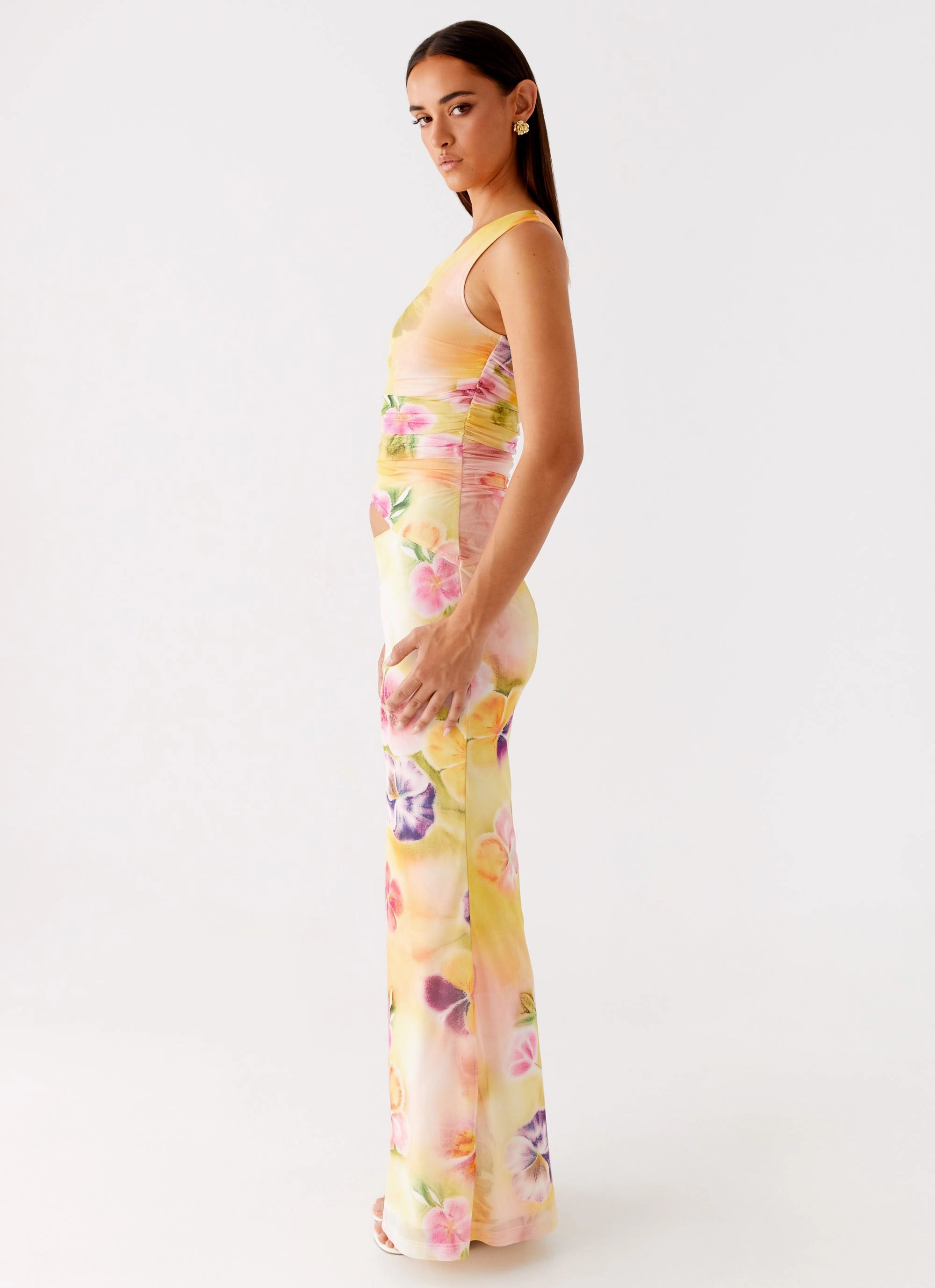 Seranella One Shoulder Maxi Dress - Sunburst Floral Elegant Layer Chill Moment