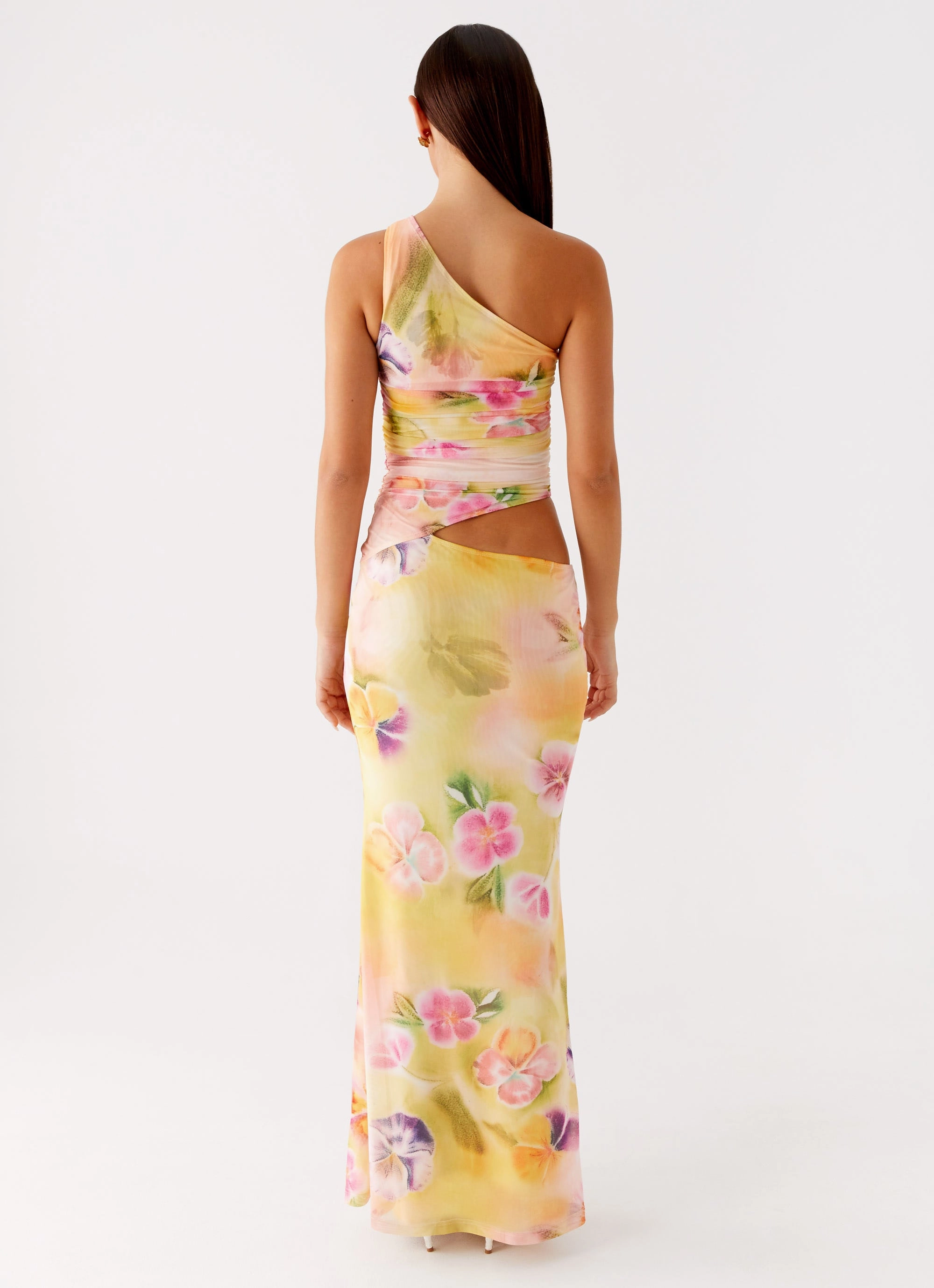 Effortless Layer Wear Clasp-Closure Seranella One Shoulder Maxi Dress - Sunburst Floral