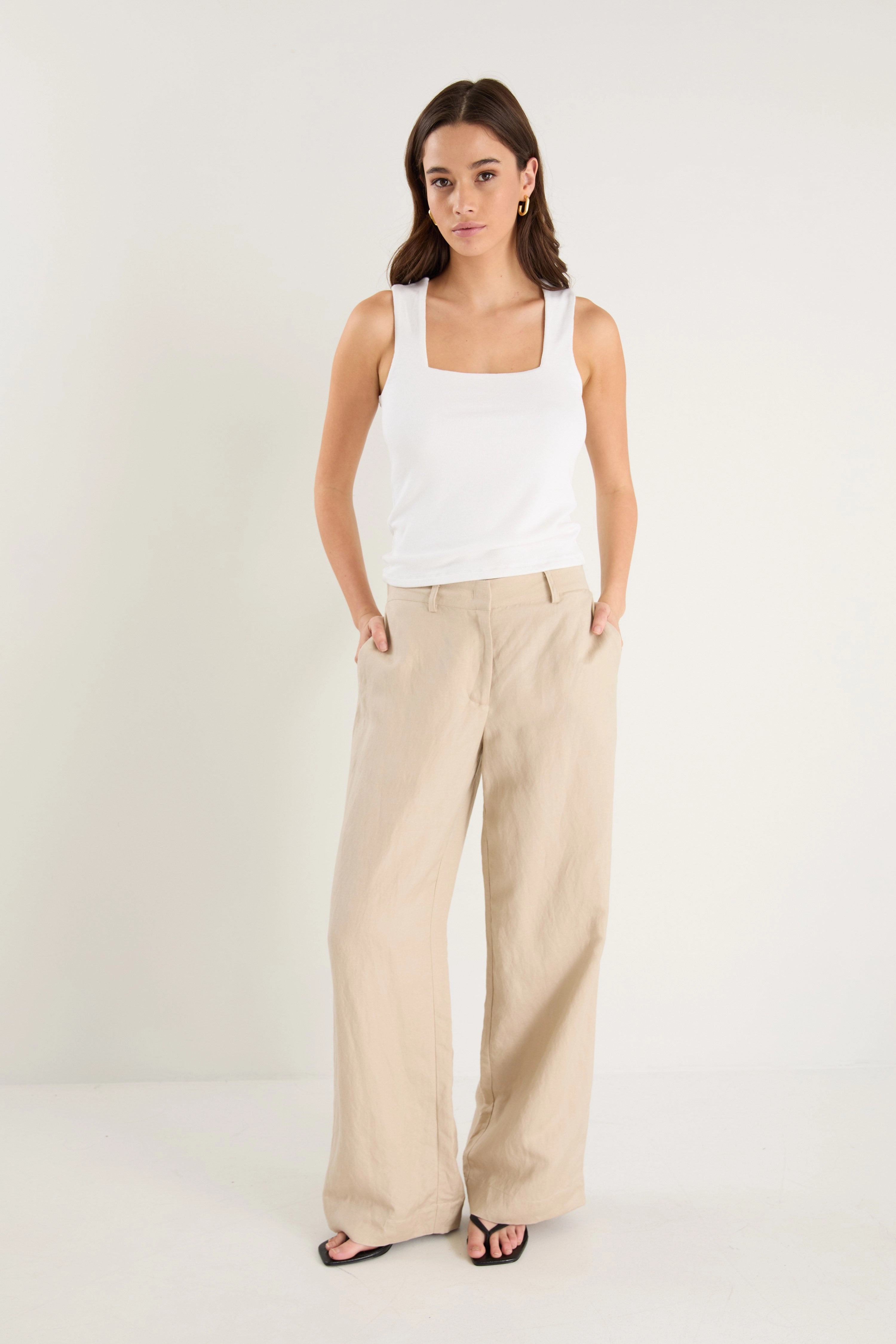 Shelter Oat Linen Viscose Flat Front Wide Pants Casual Comfort Look