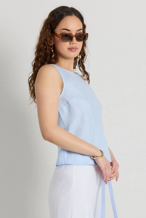 BoxySilhouette Shoreline Light Blue Linen Bias Sleeveless Shell Top