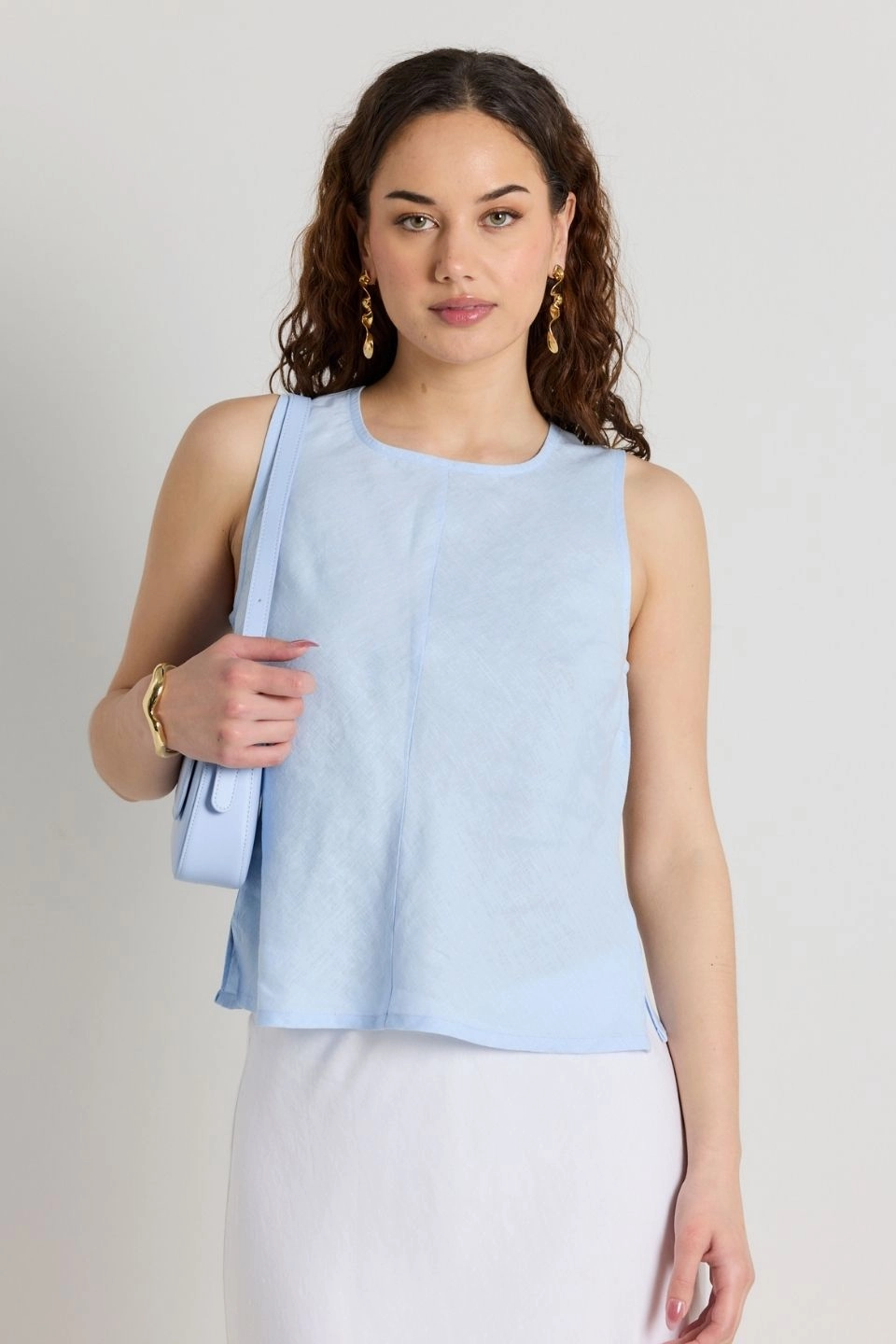 Low Profile Zipper Closure Shoreline Light Blue Linen Bias Sleeveless Shell Top
