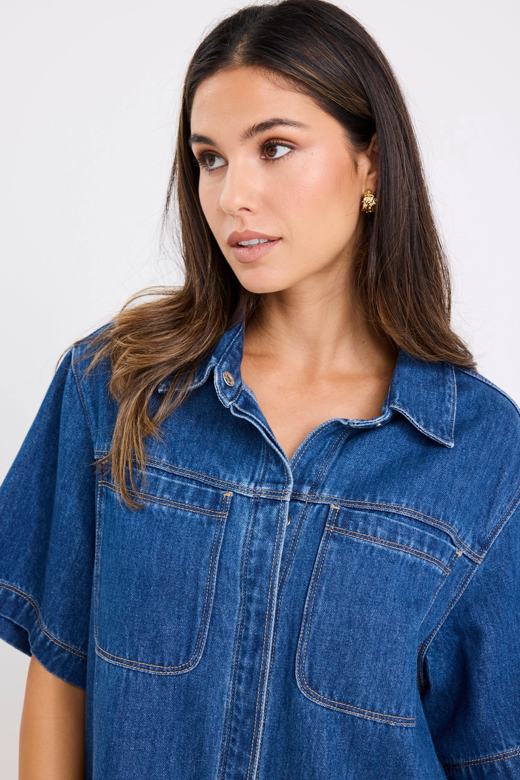 Soft Contour Air Comfort Shortcut Storm Blue Denim Short Sleeve Boxy Mini Shirt Dress