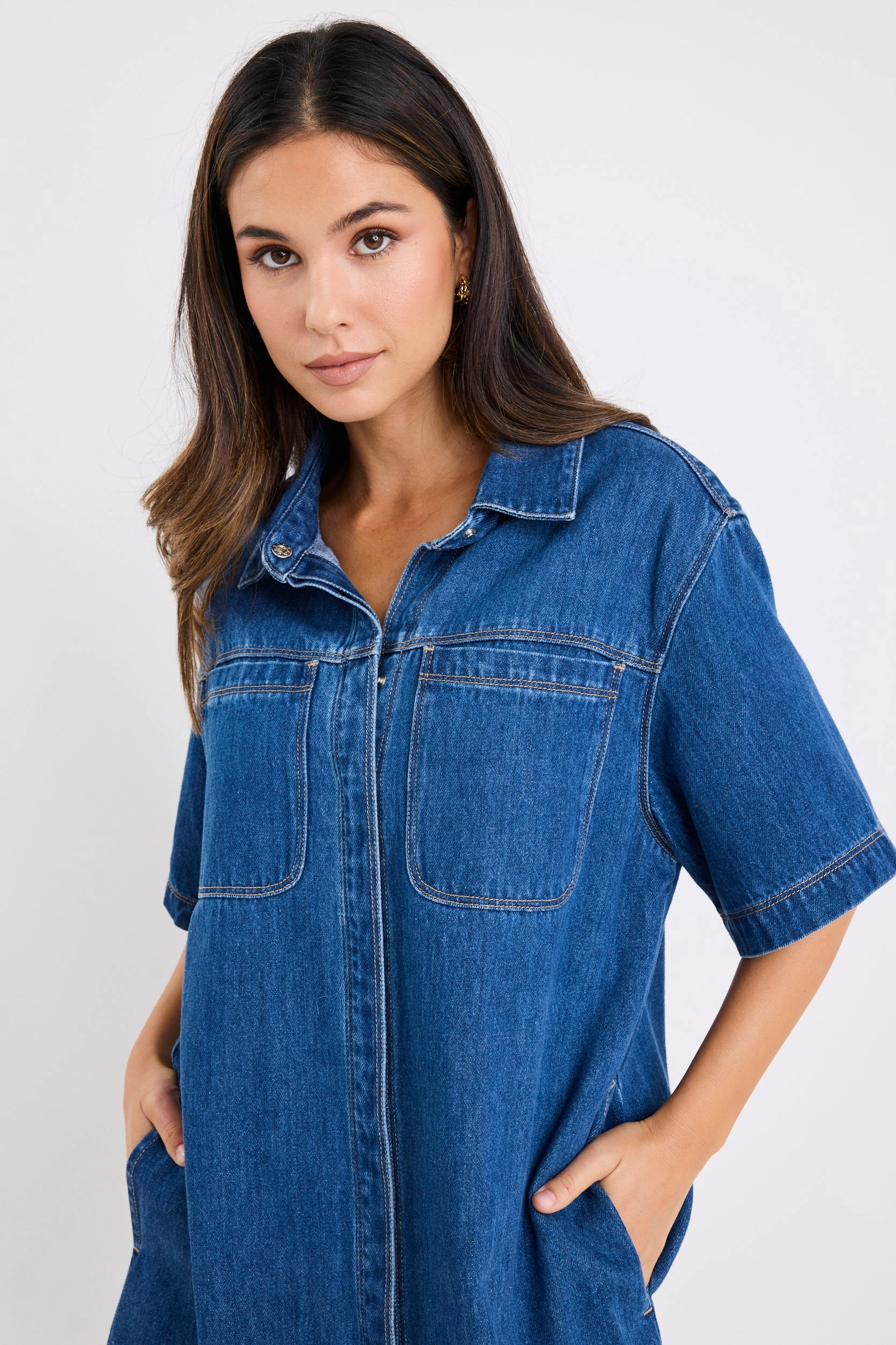 Soft Tone Shortcut Storm Blue Denim Short Sleeve Boxy Mini Shirt Dress
