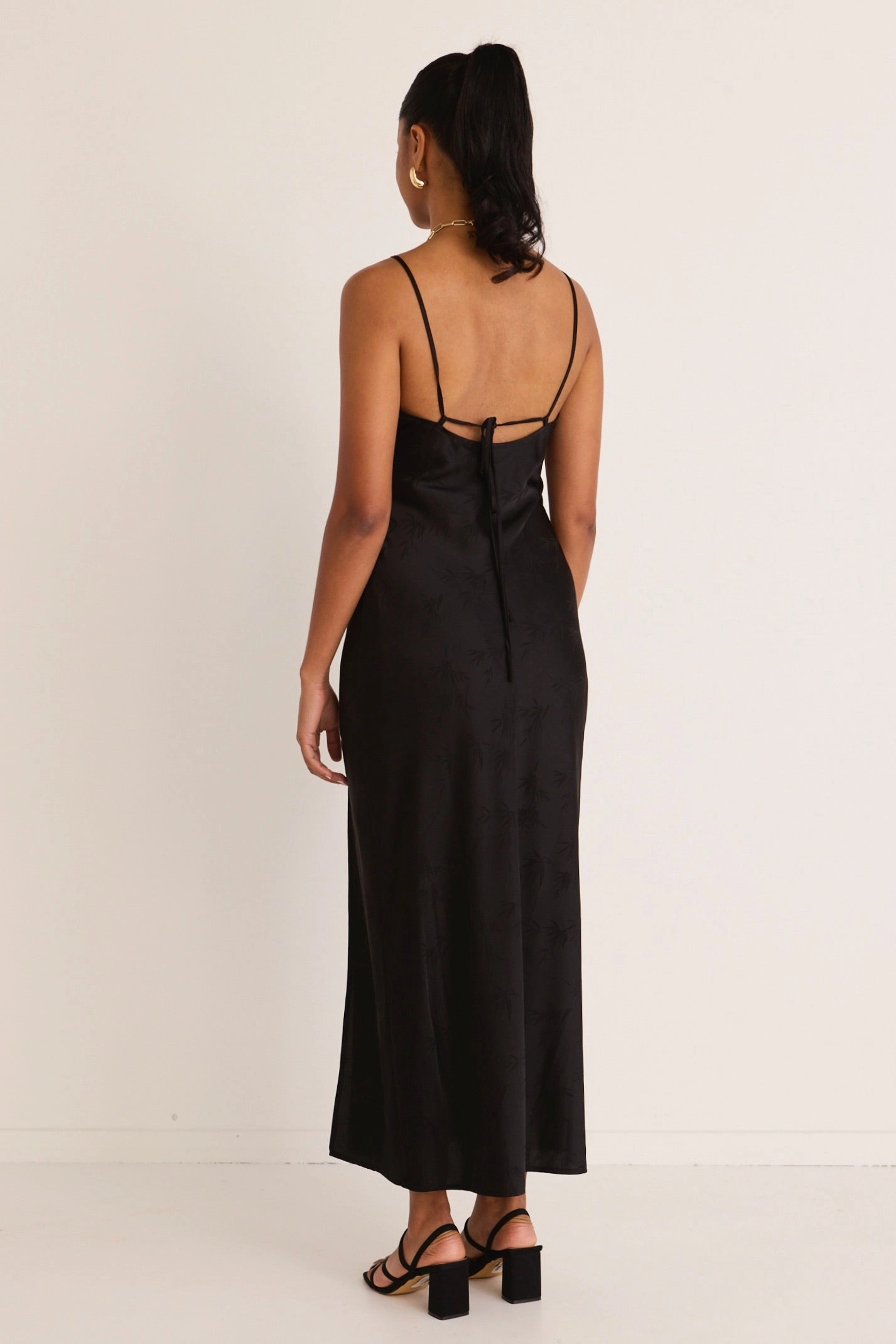 Daywear Mood Timeless and Comfortable Showstopper Black Jacquard Satin Strappy Bias Midi Dress