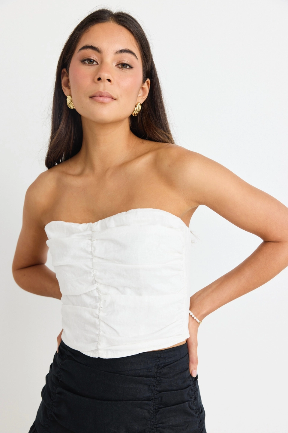 Durable Reinforced Elbow Patches All-Purpose Ascend White Linen Strapless Rouched Top