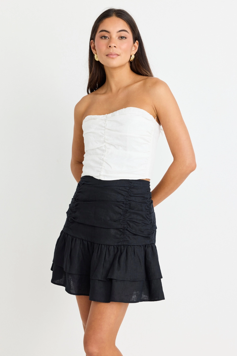 Contrast Stitching BondedEdges Ascend White Linen Strapless Rouched Top