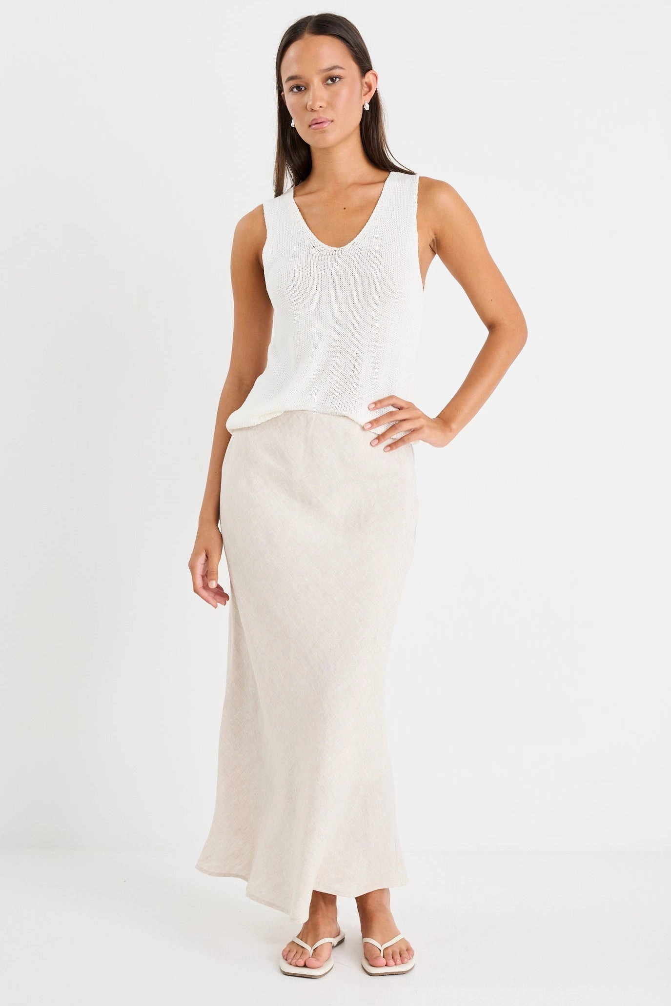 Seamless Finish Adjustable Hem Bliss Natural Linen Bias Midi Skirt