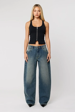 Comfort Waist 95 Ava Dark Washed Denim Contrast Stich Mid Barrel Jean