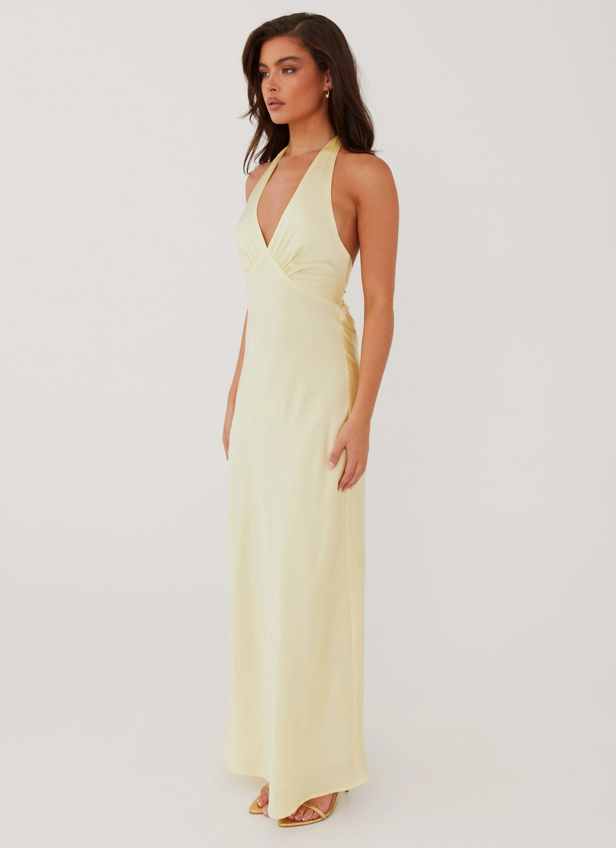 Heavy Hearted Satin Maxi Dress - Lemon Sunset Scene Minimal Fit