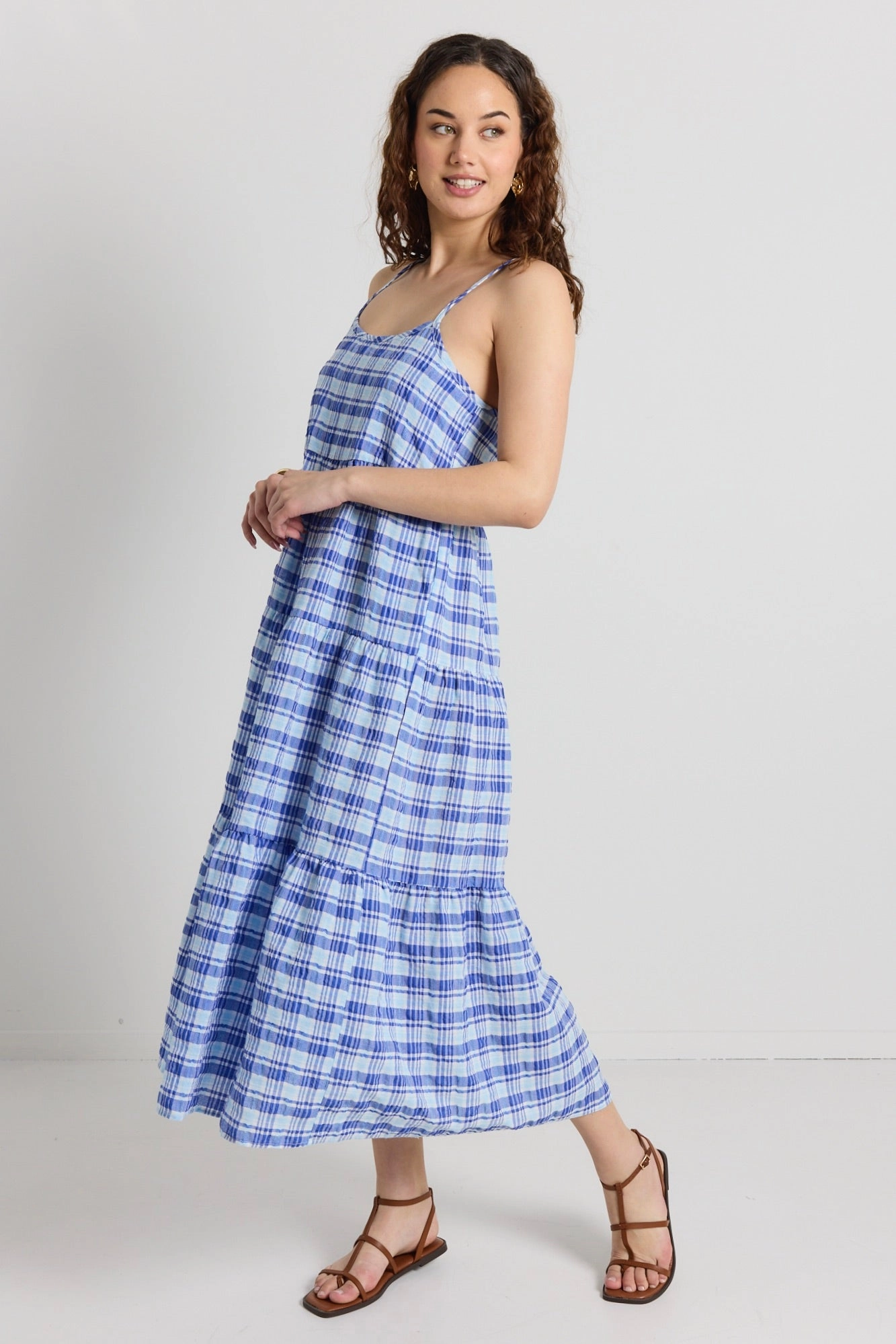 Joy Glow Wedding guest Skip Blue Check Strappy Tiered Midi Dress