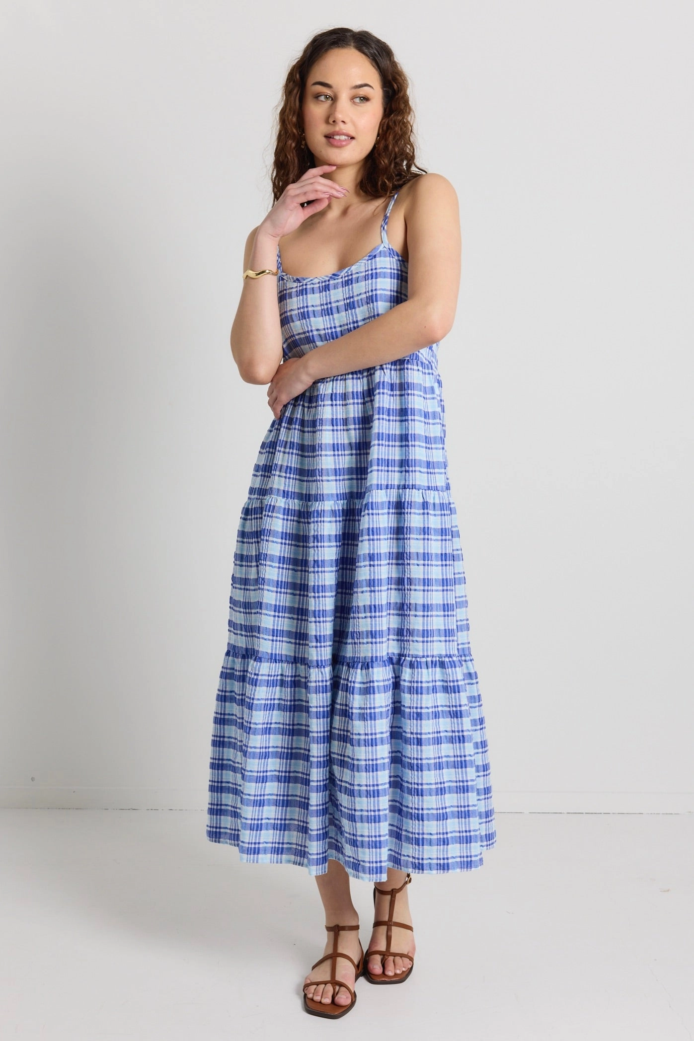 Light Touch Day Glow Skip Blue Check Strappy Tiered Midi Dress