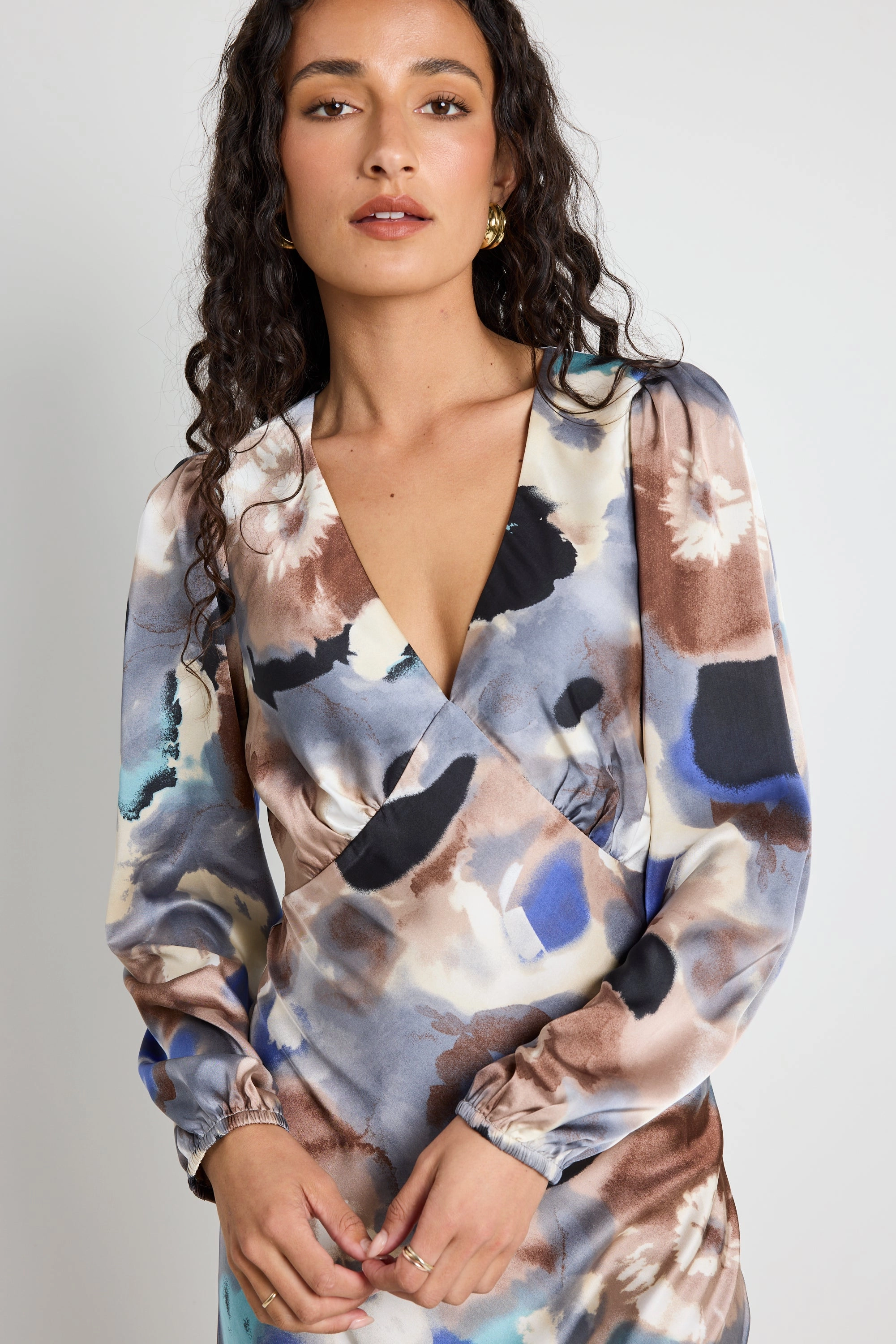 Satin-Edge Premium Fabric Phoenix Navy Multi Watercolour Satin Balloon Sleeve Midi Dress