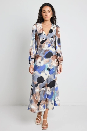 Smart Layer Phoenix Navy Multi Watercolour Satin Balloon Sleeve Midi Dress