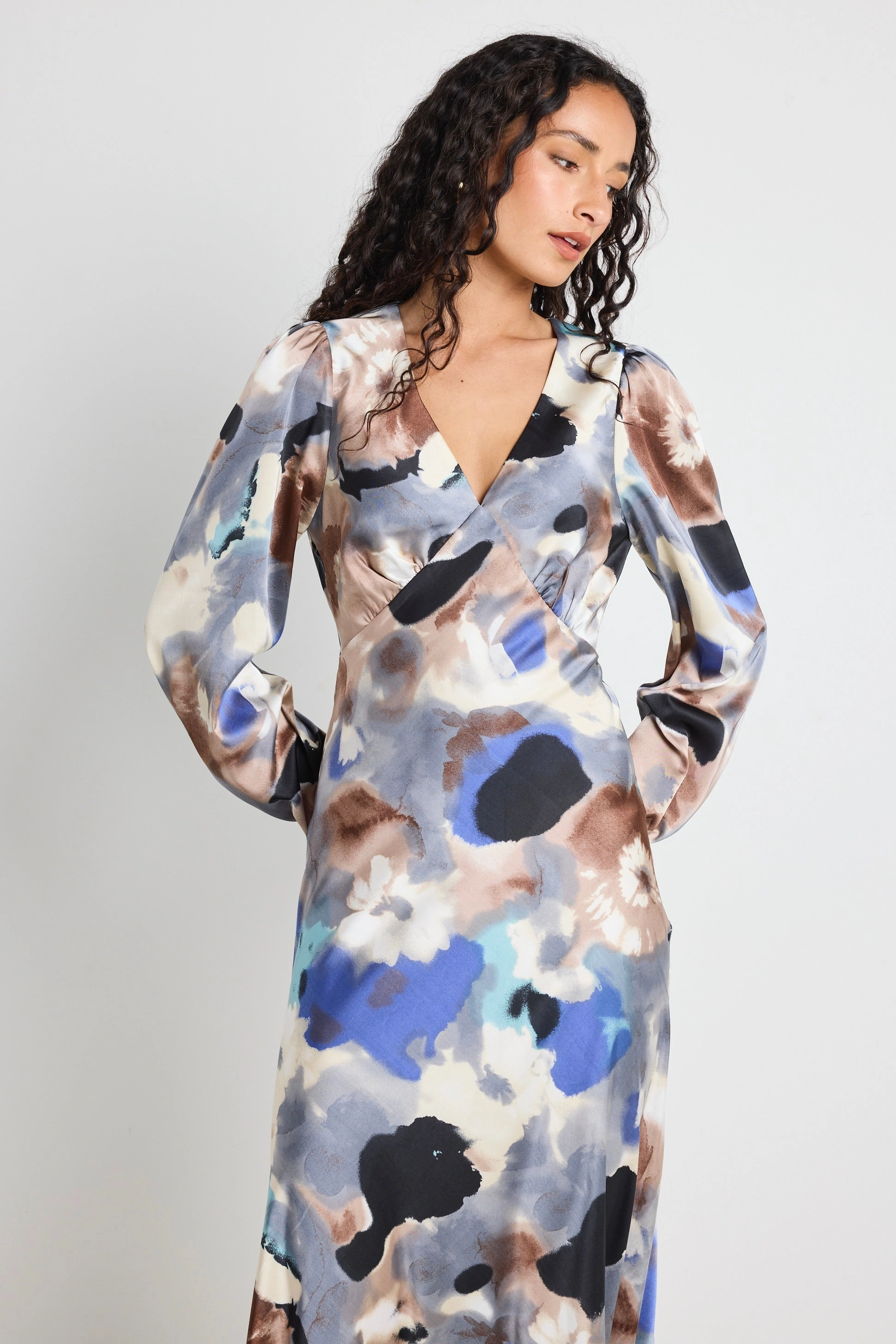 Neutral-Shade Phoenix Navy Multi Watercolour Satin Balloon Sleeve Midi Dress