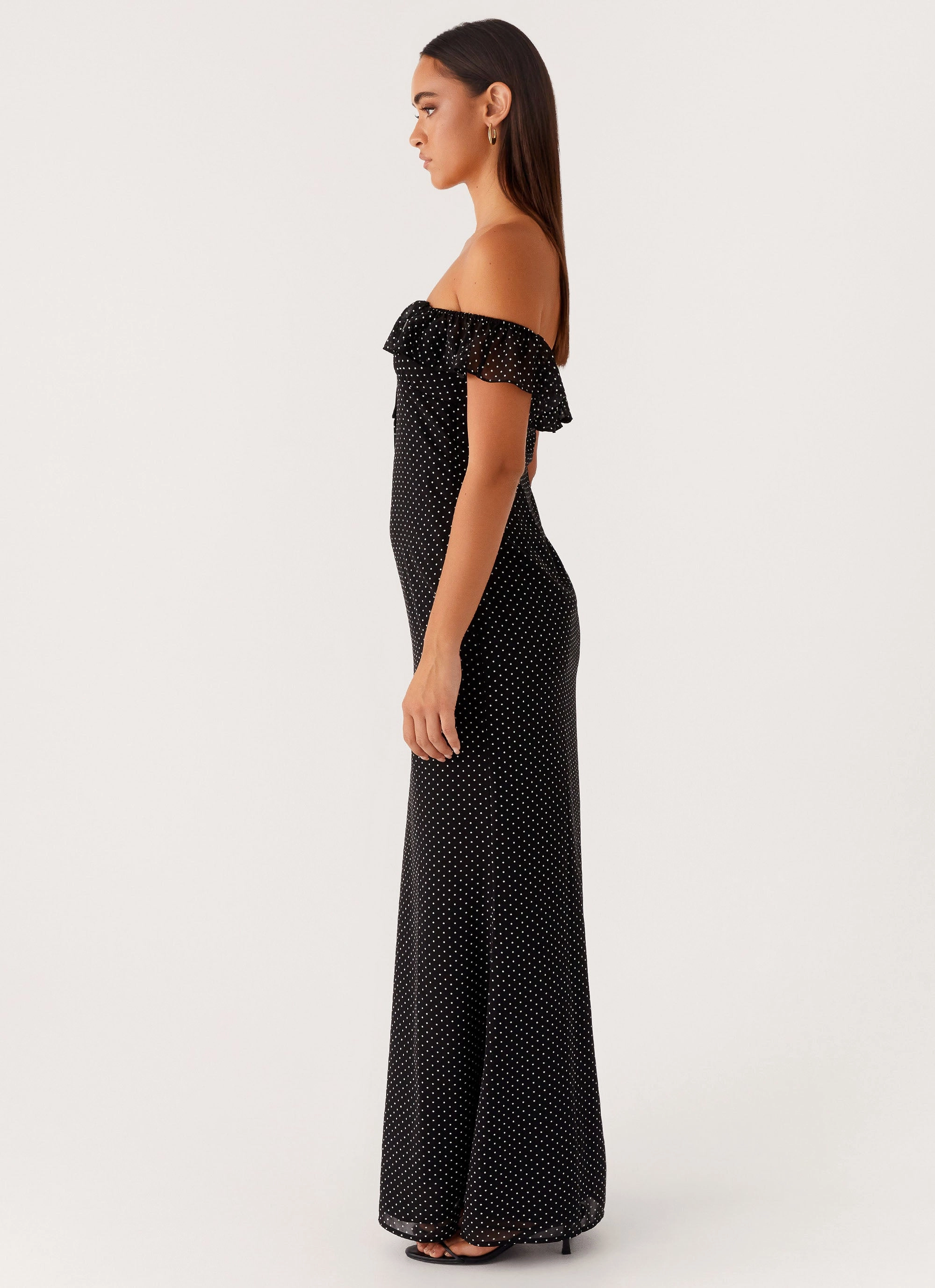 Scarlet Cherry Maxi Dress - Black Polka Dot Romantic dinner wear Simple Yet Elegant