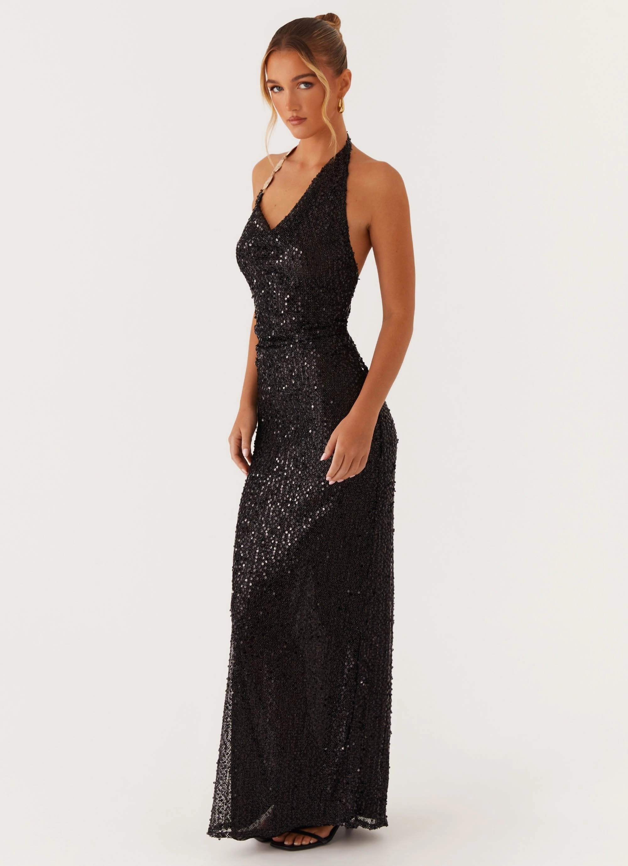 After Tonight Sequin Cowl Neck Maxi Dress - Black Breathable Comfort Wear Easy and Effortless