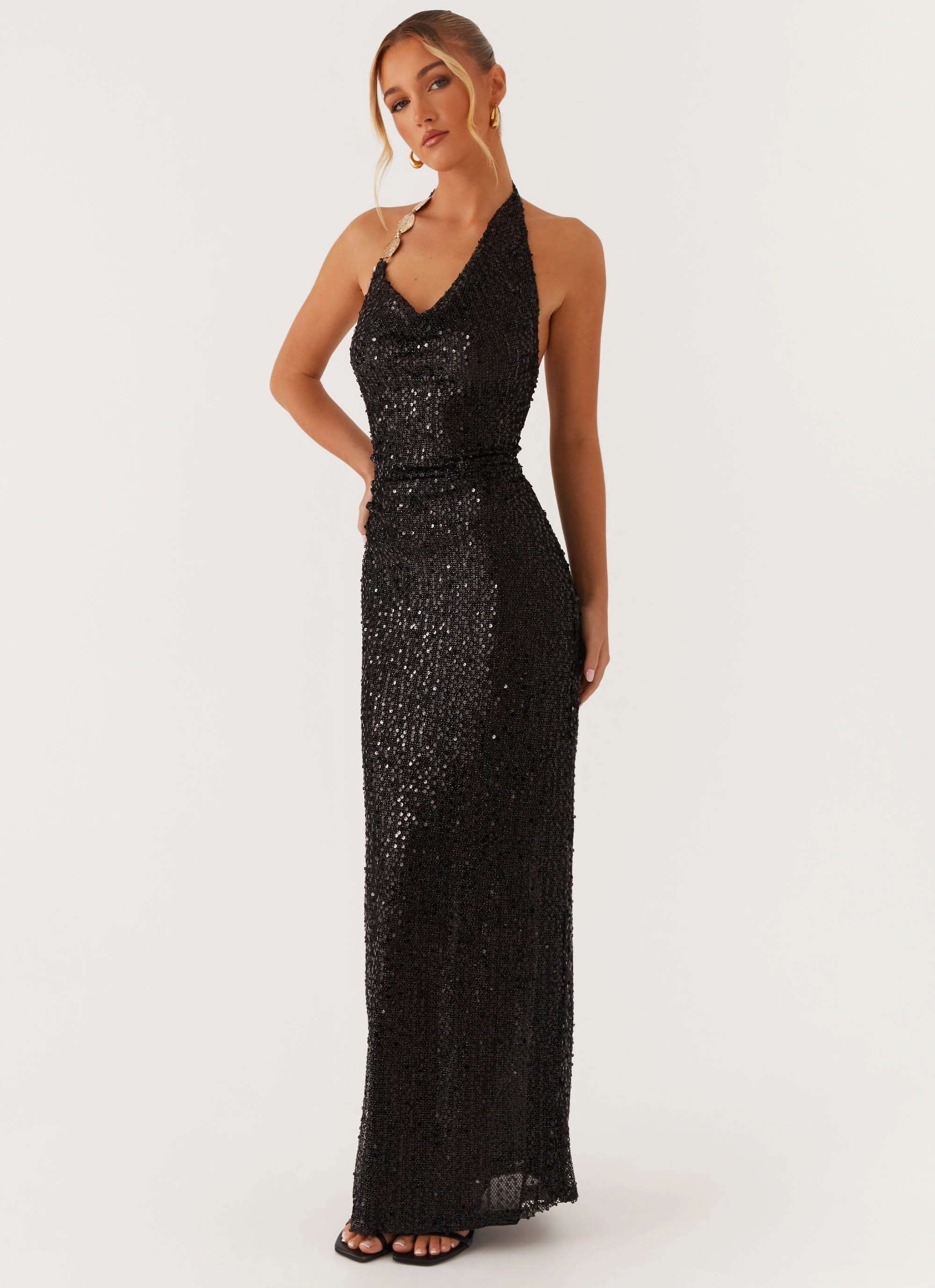 After Tonight Sequin Cowl Neck Maxi Dress - Black Airy Layer Heart Glow