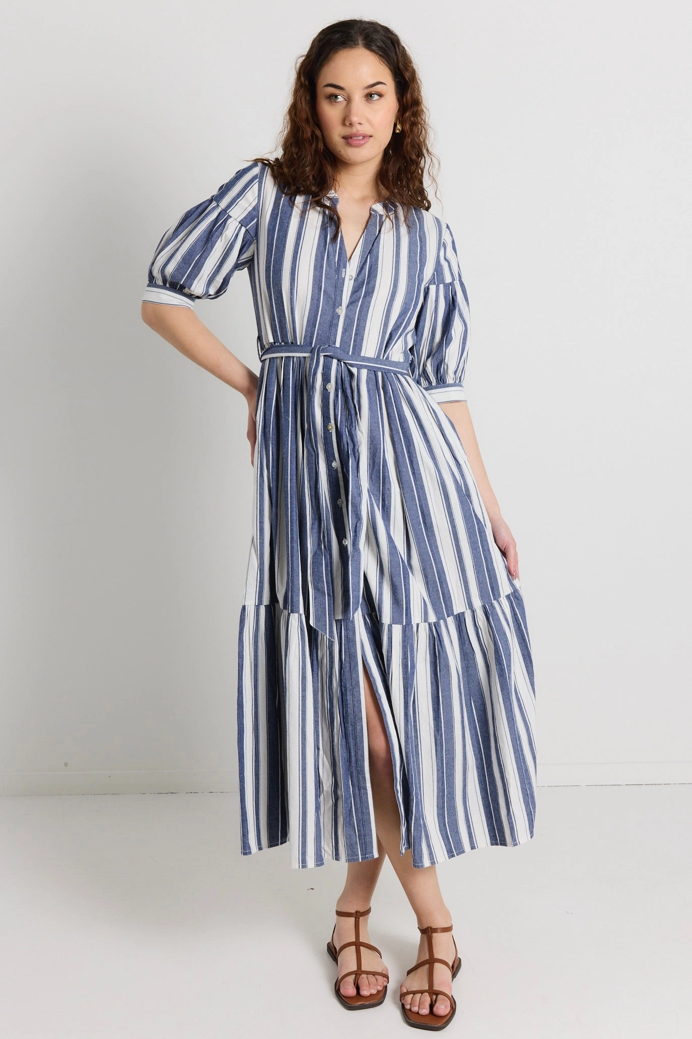 Insight Navy Stripe Balloon Sleeve Midi Shirt Dress Feminine Movement Textured Surface