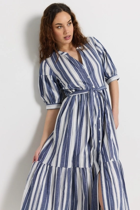 Layered Form Fresh Combo Insight Navy Stripe Balloon Sleeve Midi Shirt Dress
