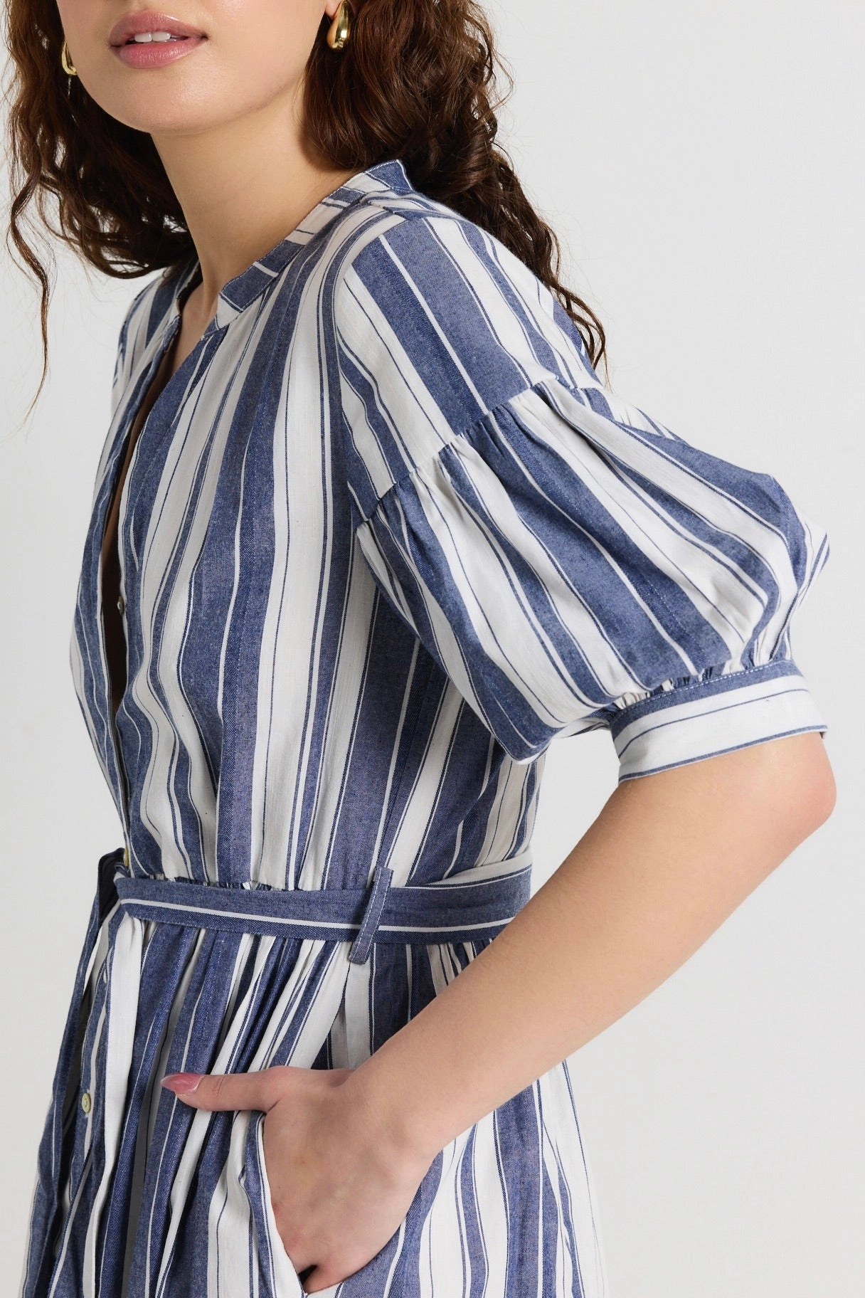 Insight Navy Stripe Balloon Sleeve Midi Shirt Dress Casual Fit