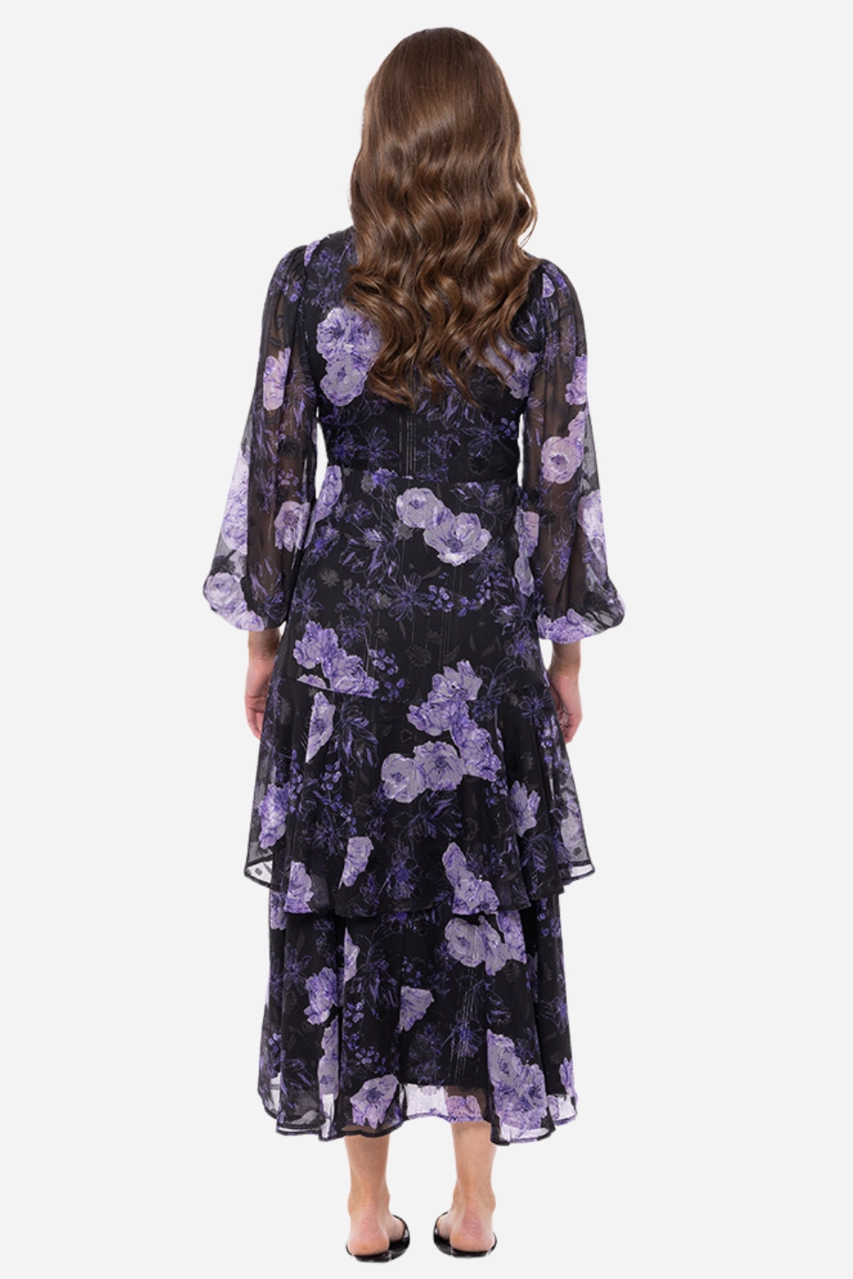 Paradise Black Lilac Burnout Floral Wrap LS Midi Dress Non-Pilling Smile Glow
