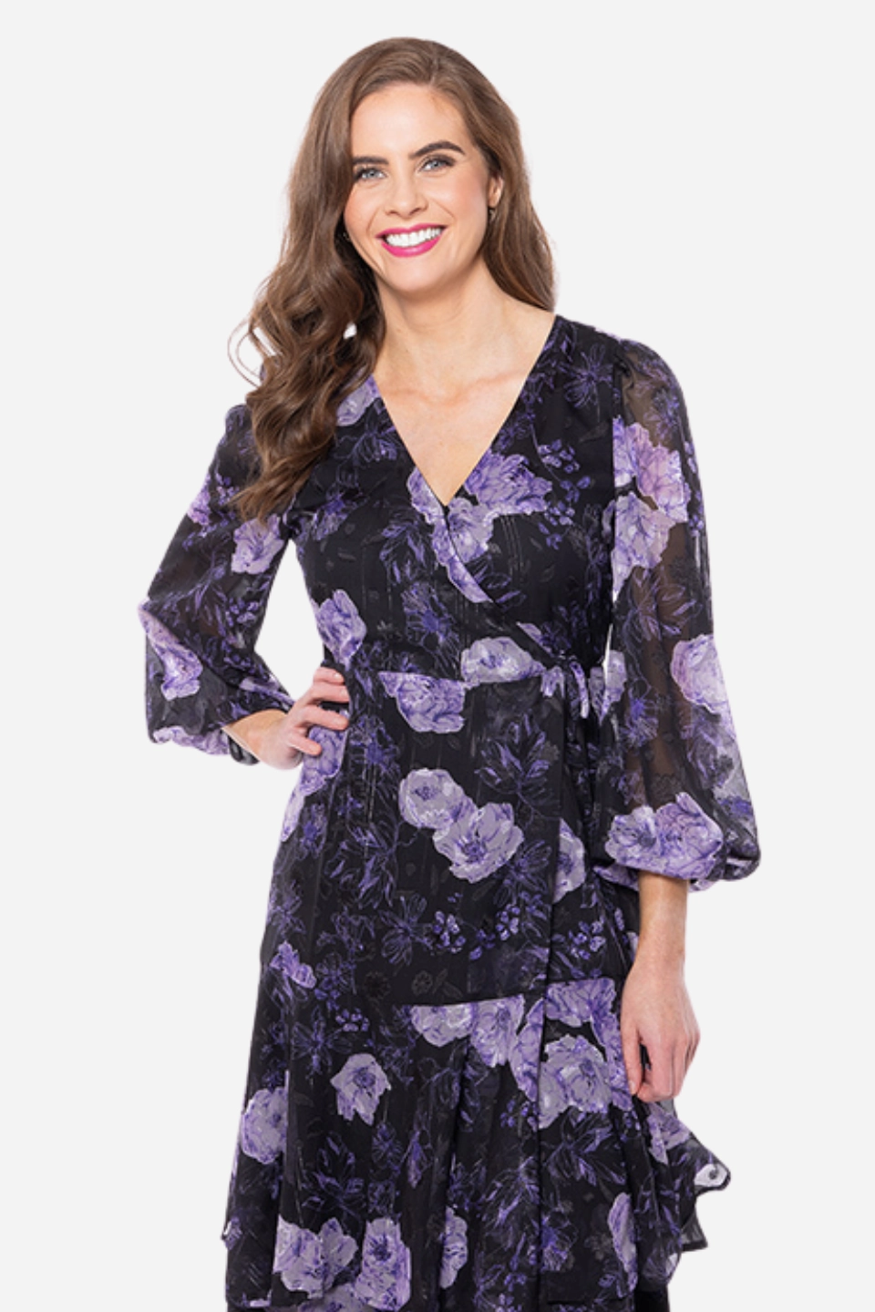 Paradise Black Lilac Burnout Floral Wrap LS Midi Dress Classic-style Relaxed Fit