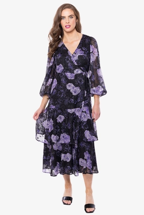 Paradise Black Lilac Burnout Floral Wrap LS Midi Dress Ruffle Detail Natural Light