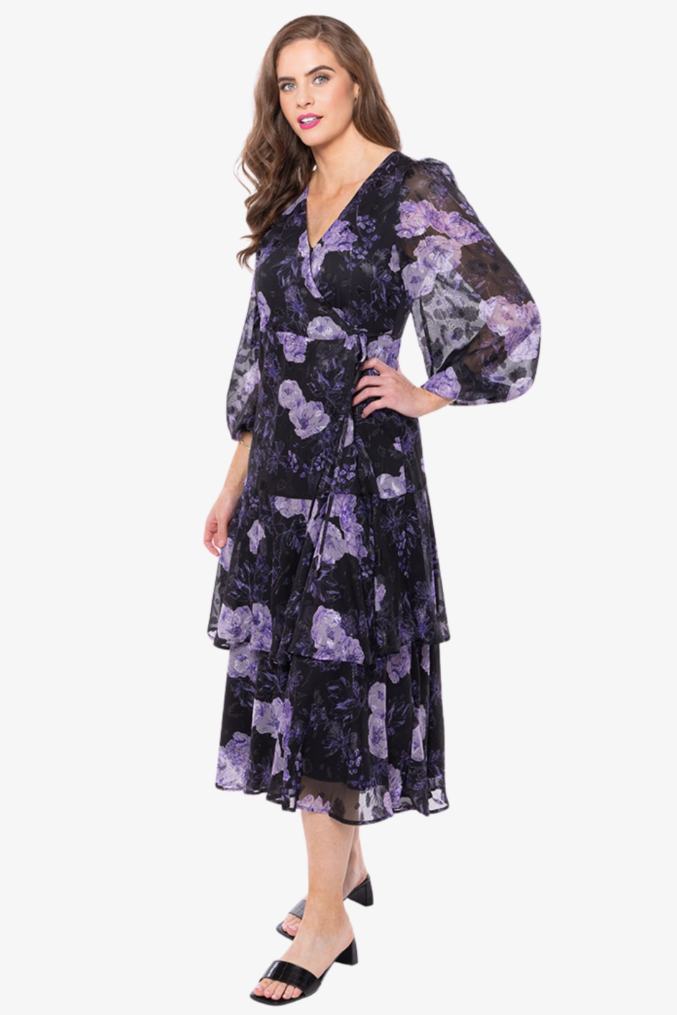 Paradise Black Lilac Burnout Floral Wrap LS Midi Dress Smooth Fit