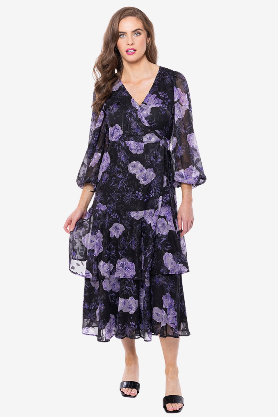 Paradise Black Lilac Burnout Floral Wrap LS Midi Dress Ruffle Detail Natural Light