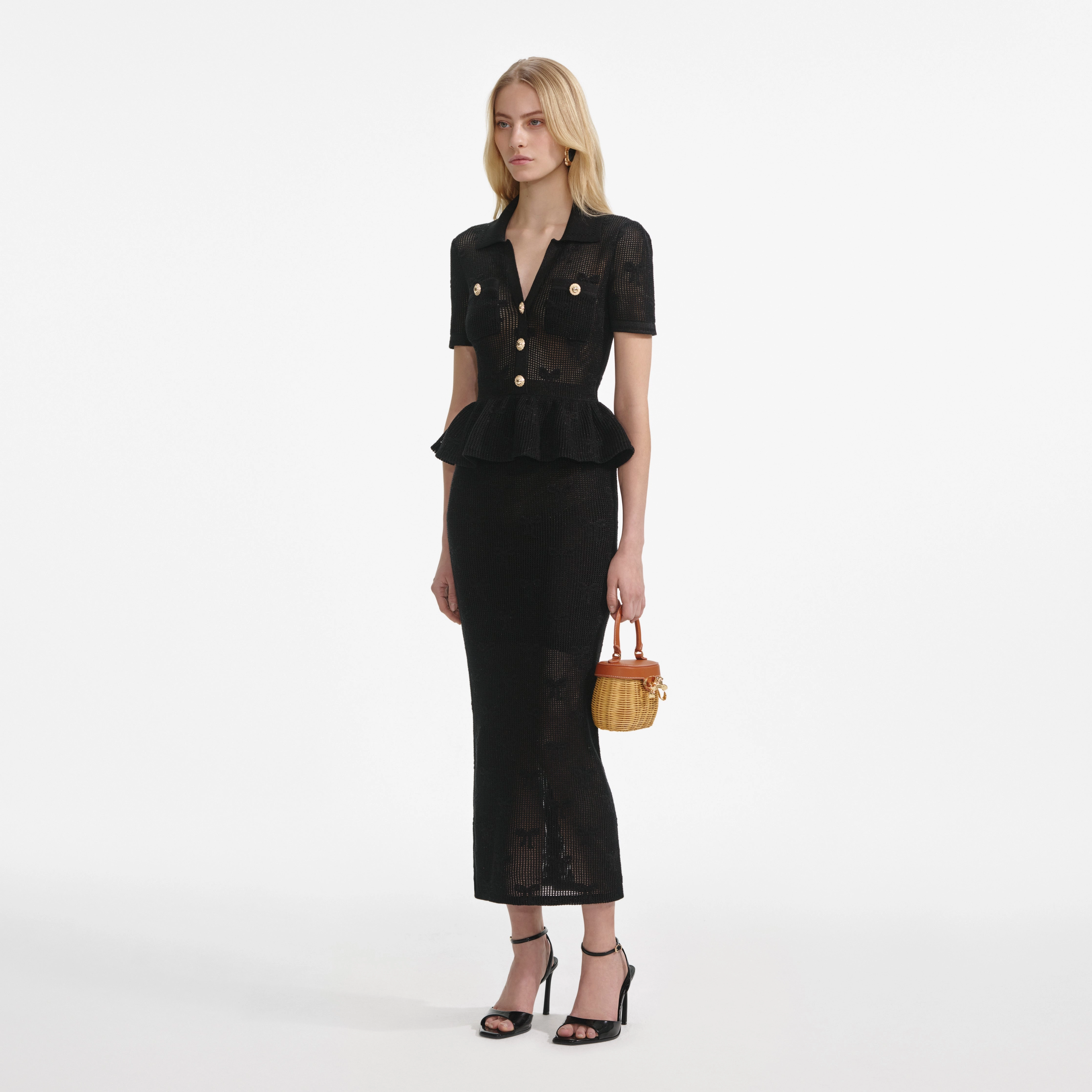 Self Portrait 047 Black Bow Crochet Midi Dress Hip-Flattering Cozy Vibes