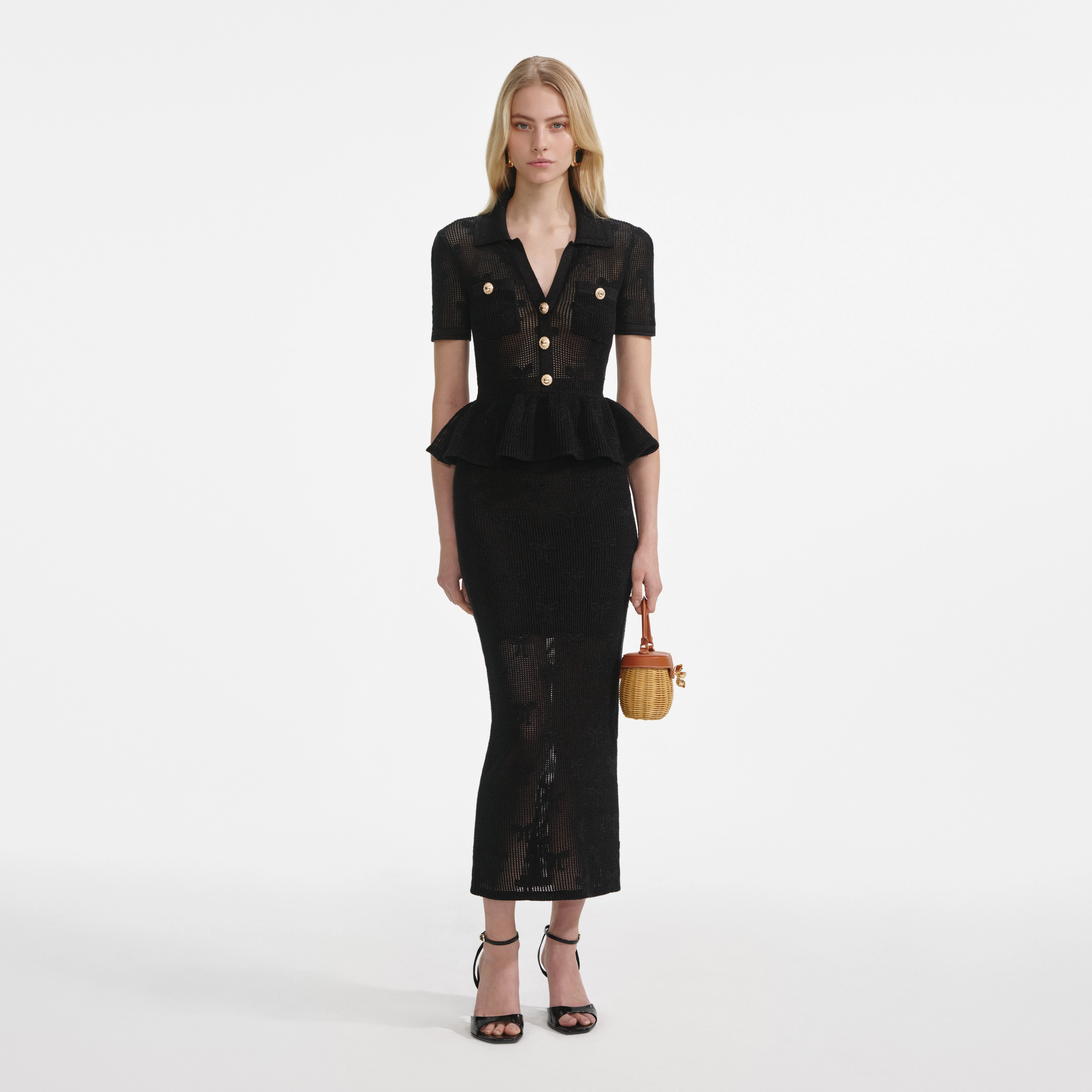Self Portrait 047 Black Bow Crochet Midi Dress Minimalist feel