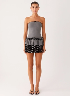 Neutral Layer Sophisticated Waistband Fit Yerin Strapless Frill Mini Dress - Grey Polkadot