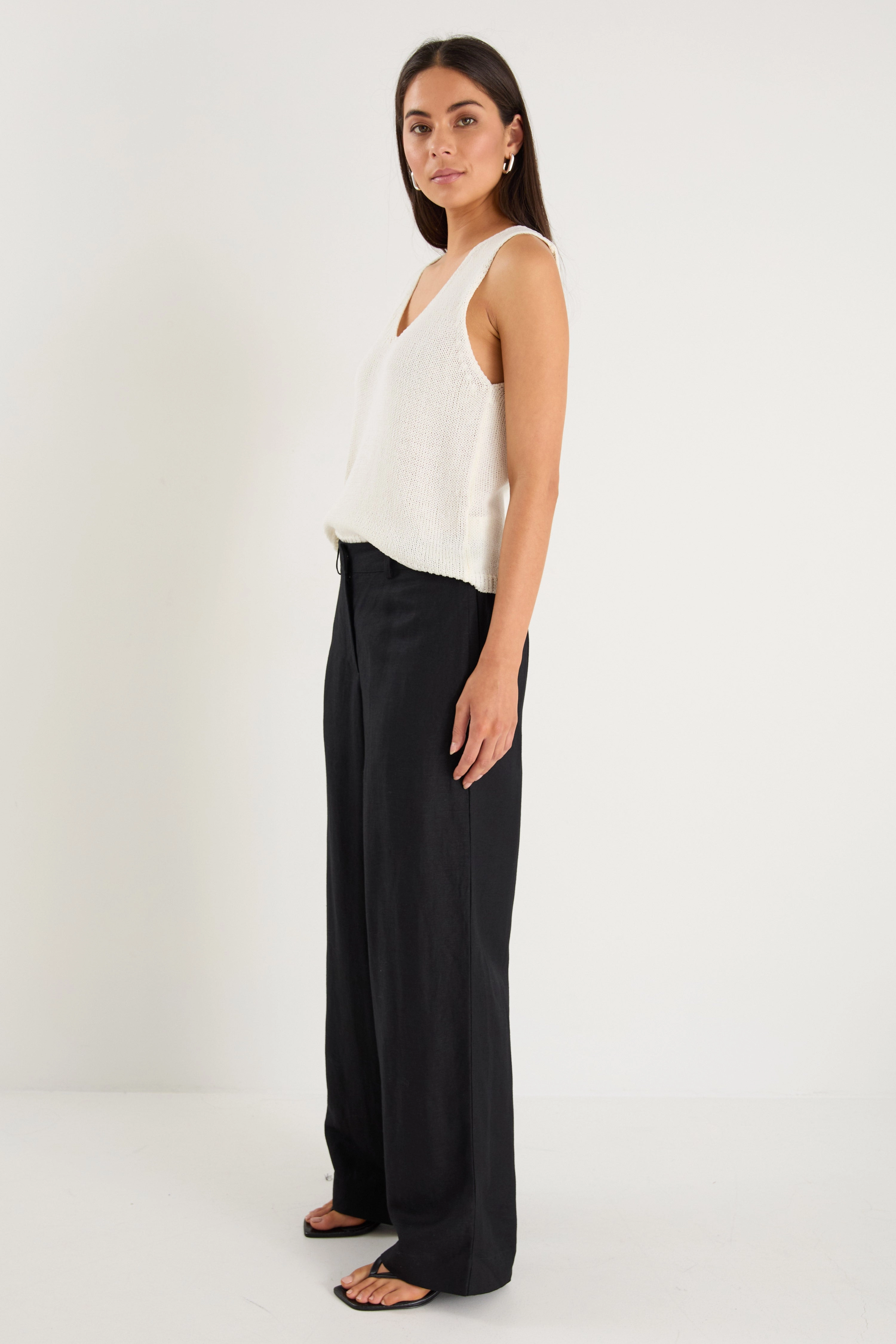 Shelter Black Linen Viscose Flat Front Wide Pants Chic Design