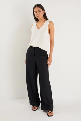 Shelter Black Linen Viscose Flat Front Wide Pants Urban Cool Work Ready